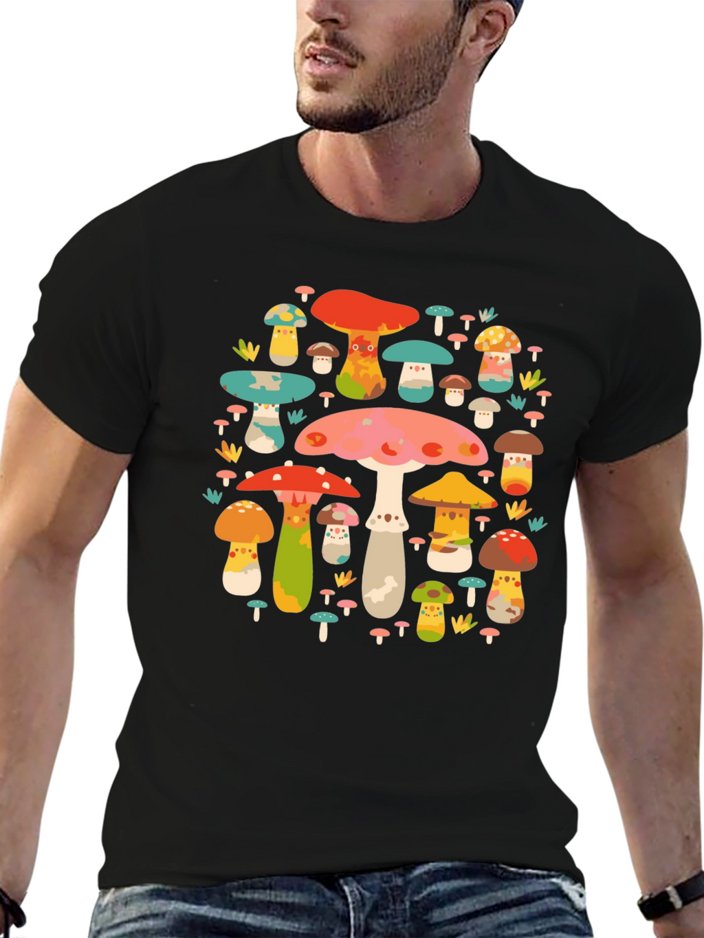 Mushroom Print Black T-Shirt - Funky Nature Design