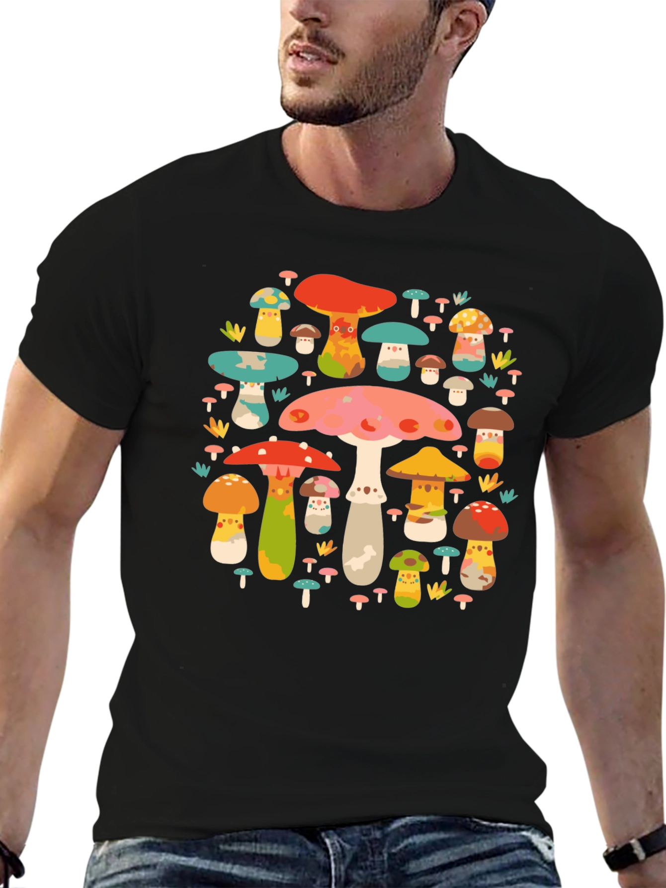 Mushroom Print Black T-Shirt - Funky Nature Design