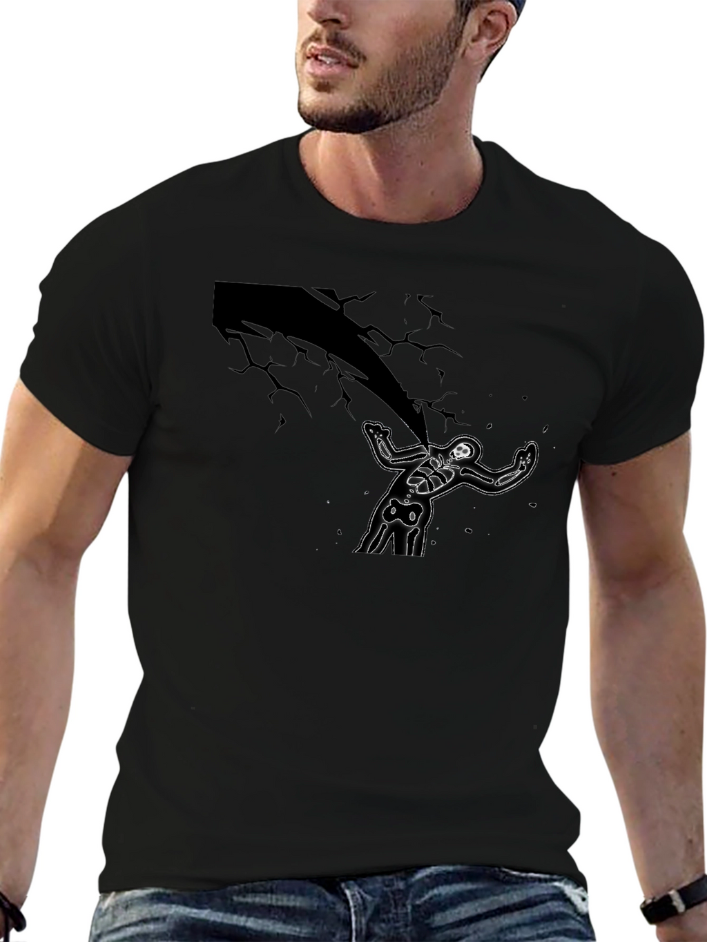 Skeleton Under Lightning Black Graphic Tee