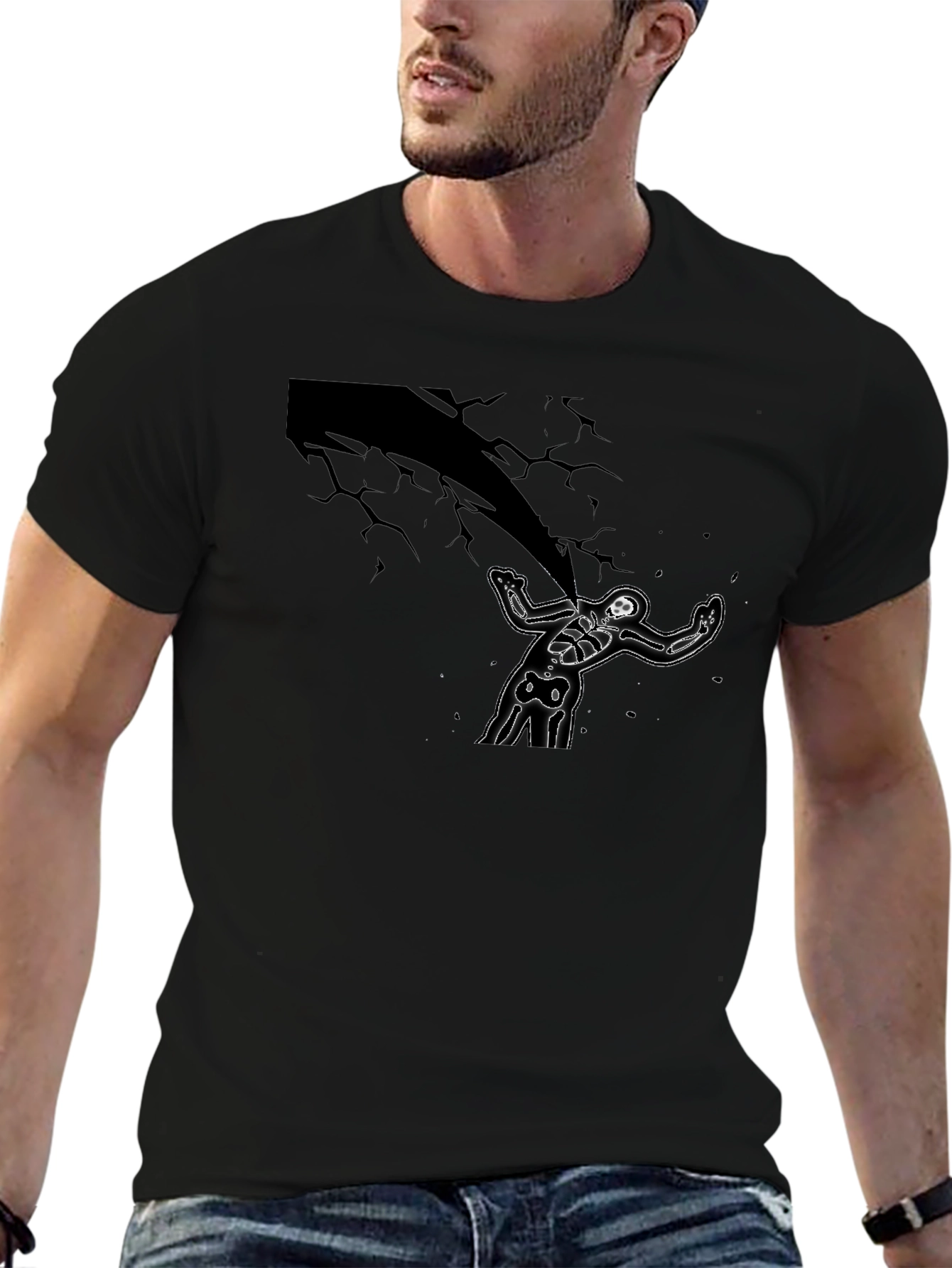 Skeleton Under Lightning Black Graphic Tee