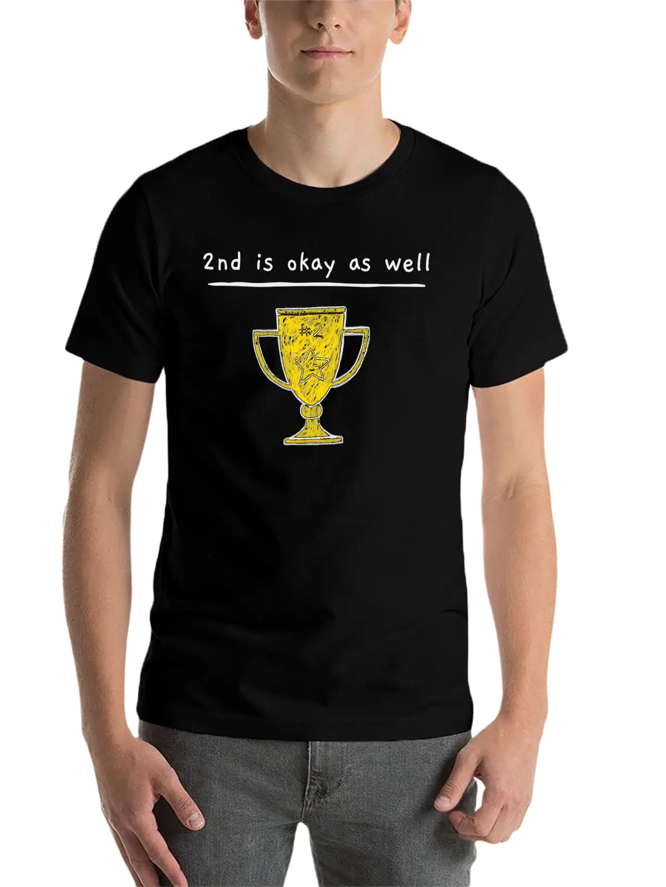 2nd Is Okay As Well - Trophy Drawing Yellow Timeless Short Sleeve Tee – Comfy And Minimalist Design