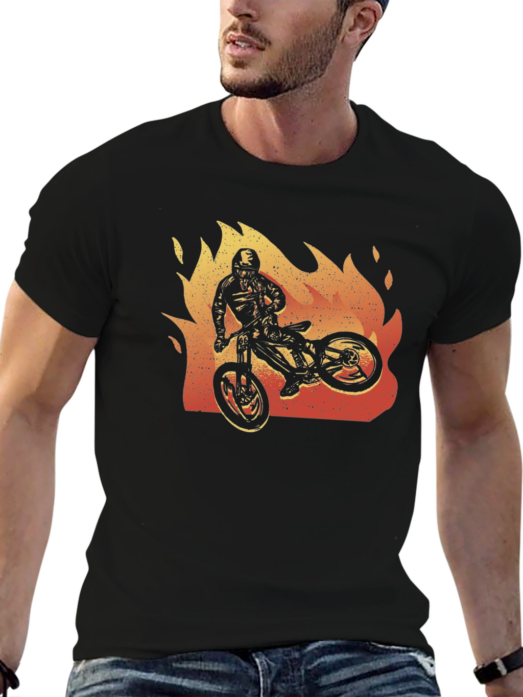 Fiery Biker Graphic Tee - Black Cotton T-Shirt