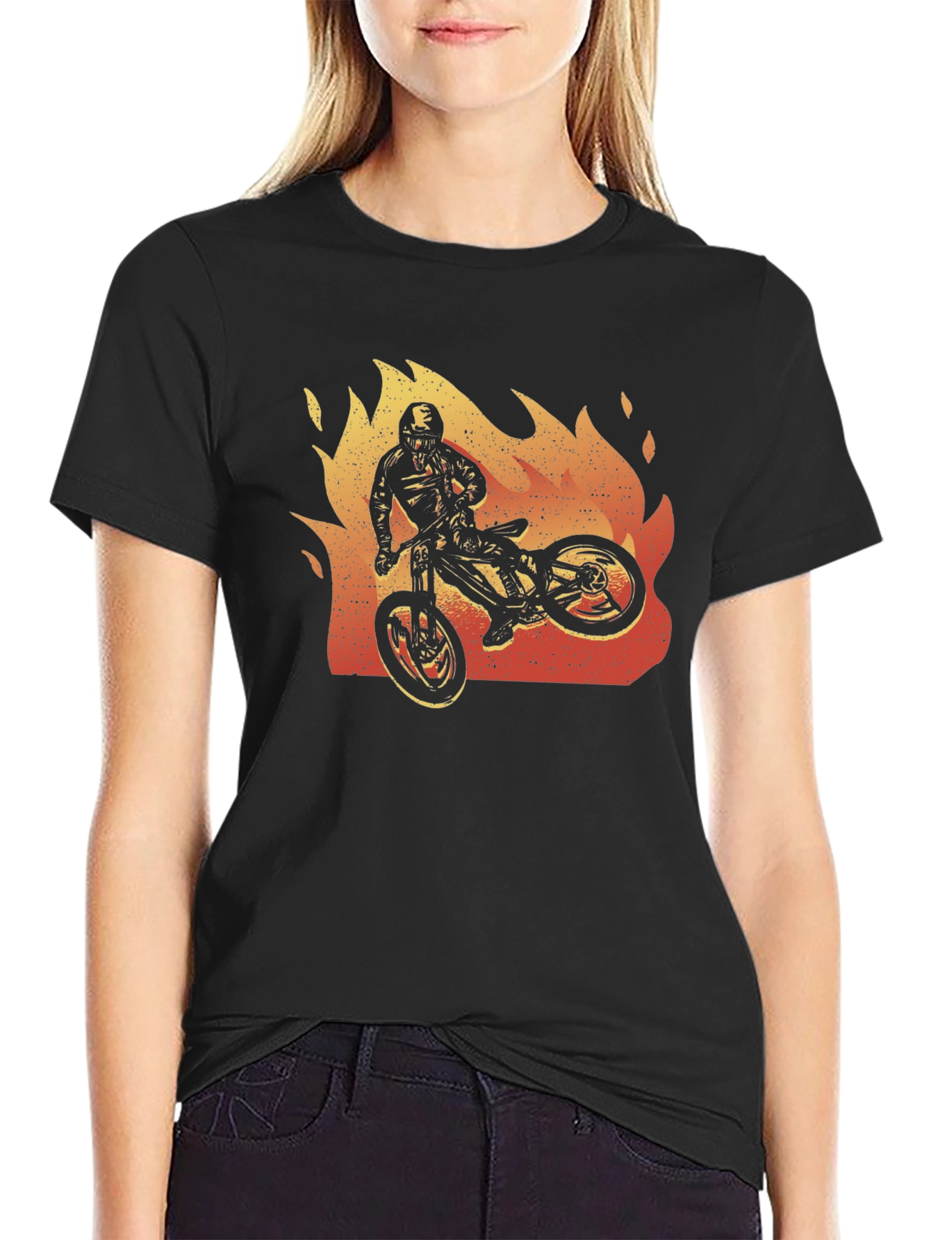Fiery Biker Graphic Tee - Black Cotton T-Shirt