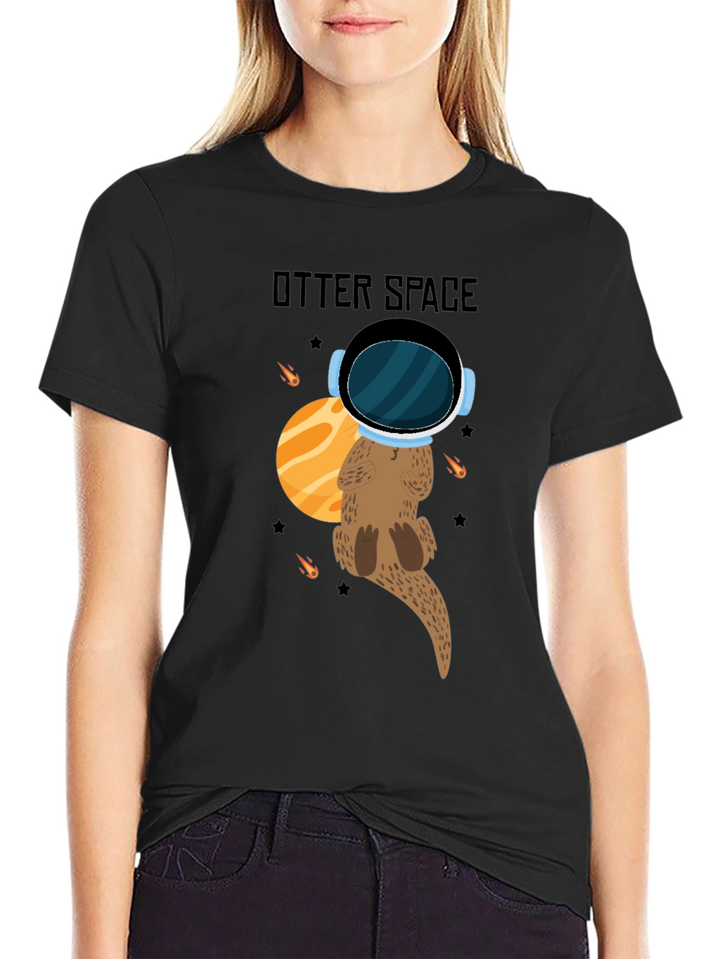Otter Space Black T-Shirt - Cute Space Animal Tee