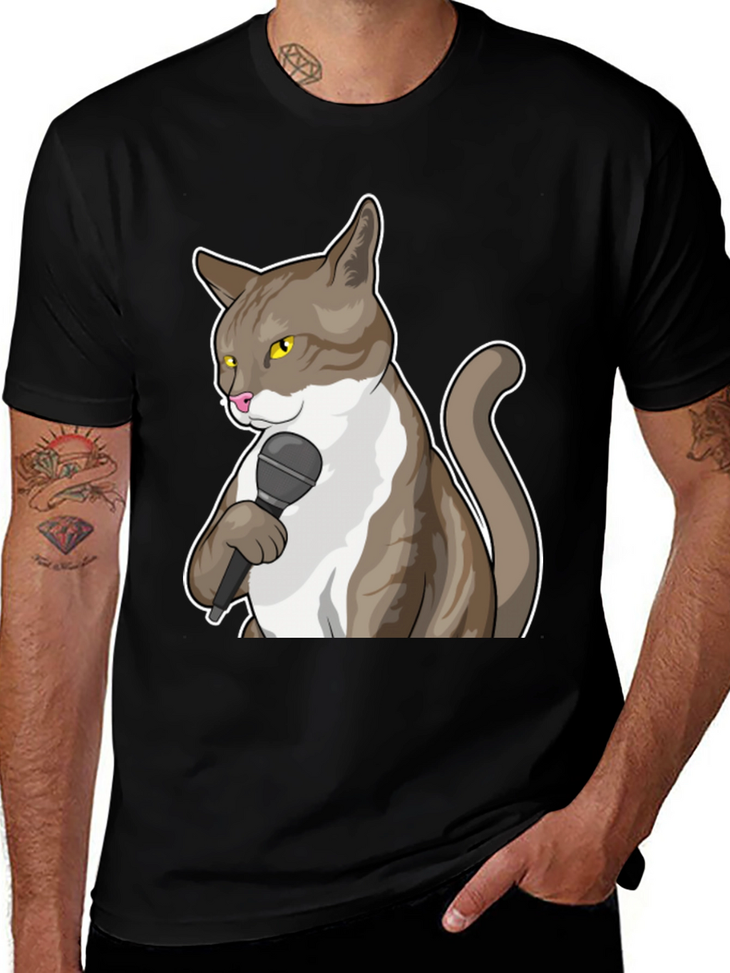 Funny Cat with Microphone Graphic T-Shirt