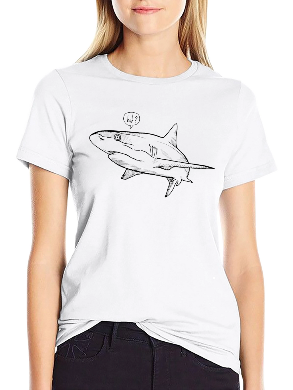 Black T-Shirt with Huh? Shark Graphic