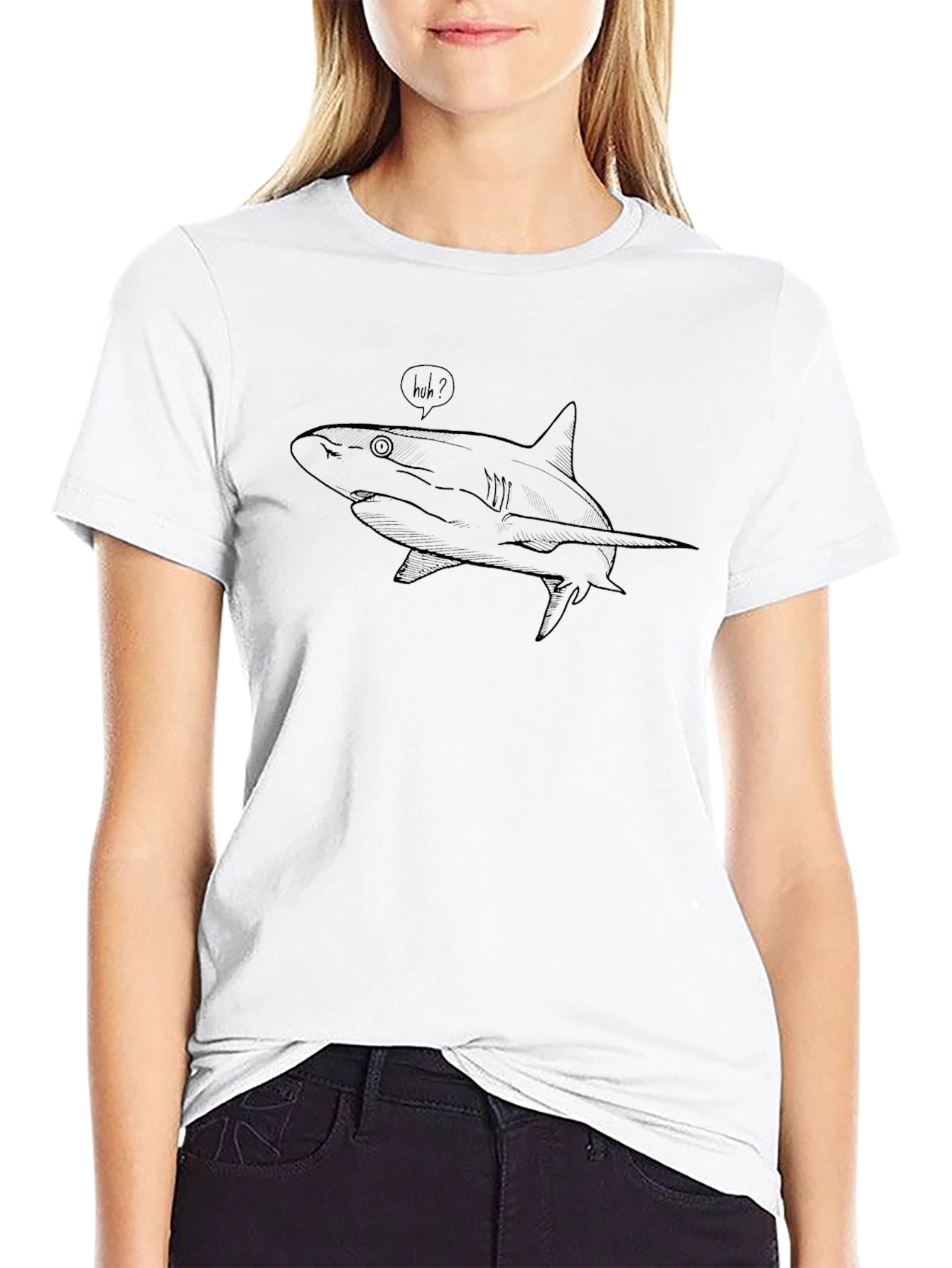 Black T-Shirt with Huh? Shark Graphic
