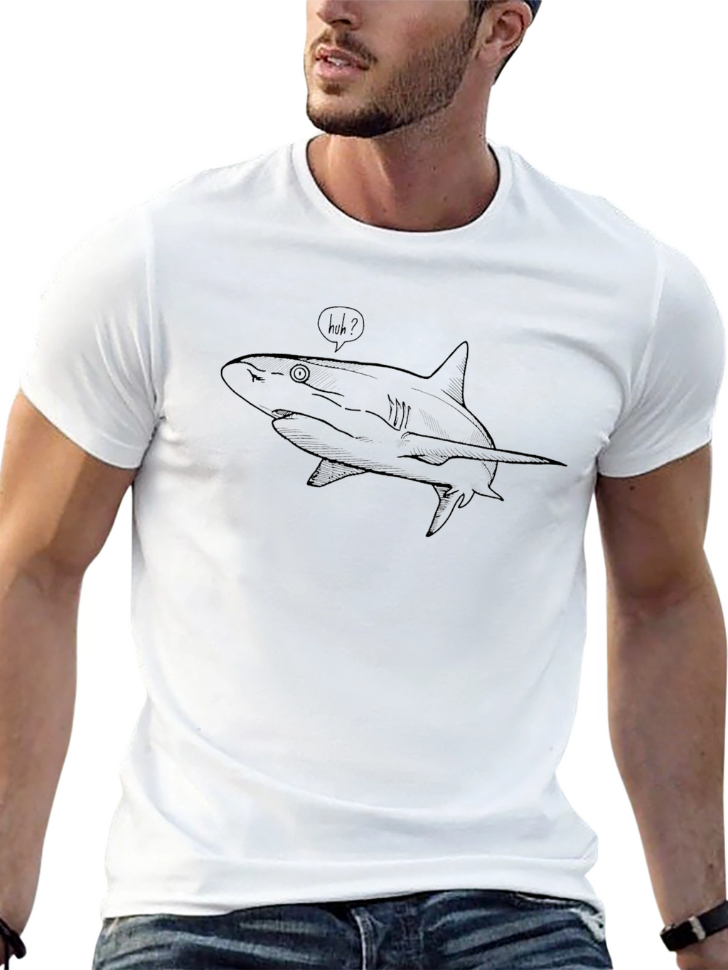 Black T-Shirt with Huh? Shark Graphic