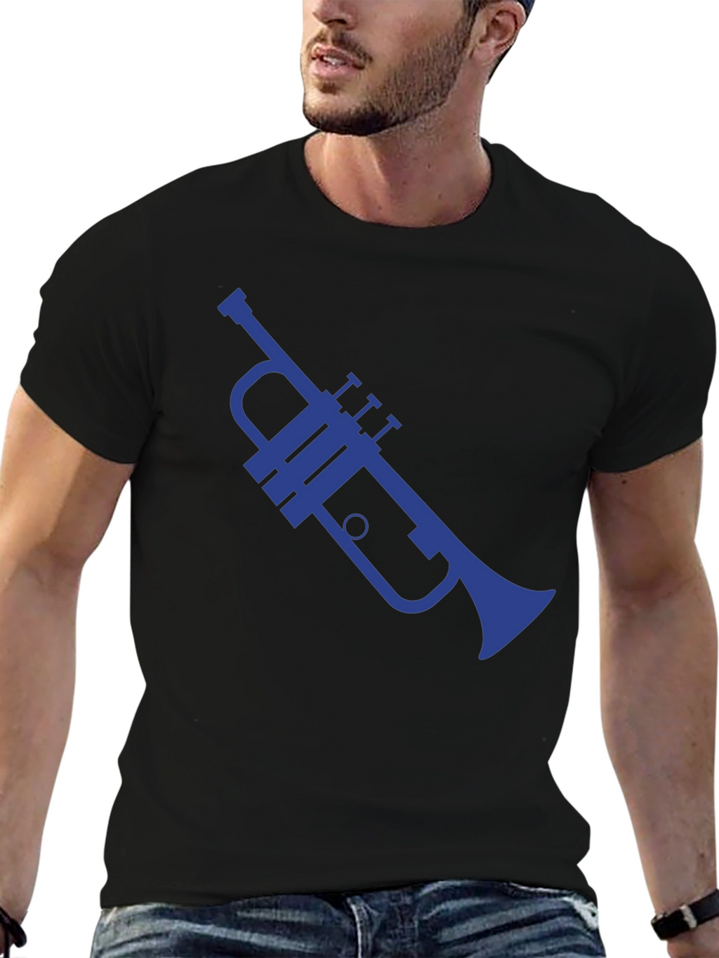 Blue Trumpet Graphic Black T-Shirt