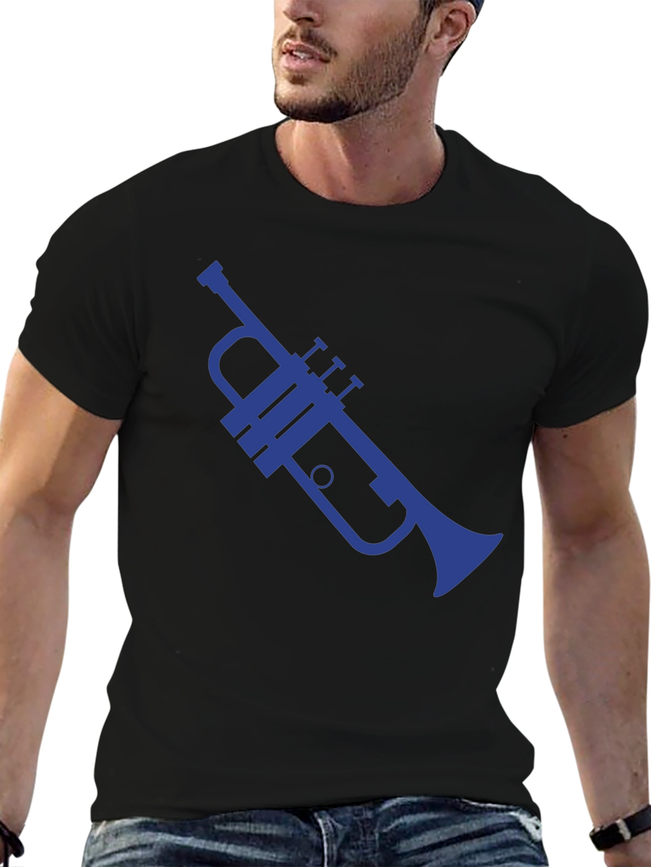 Blue Trumpet Graphic Black T-Shirt