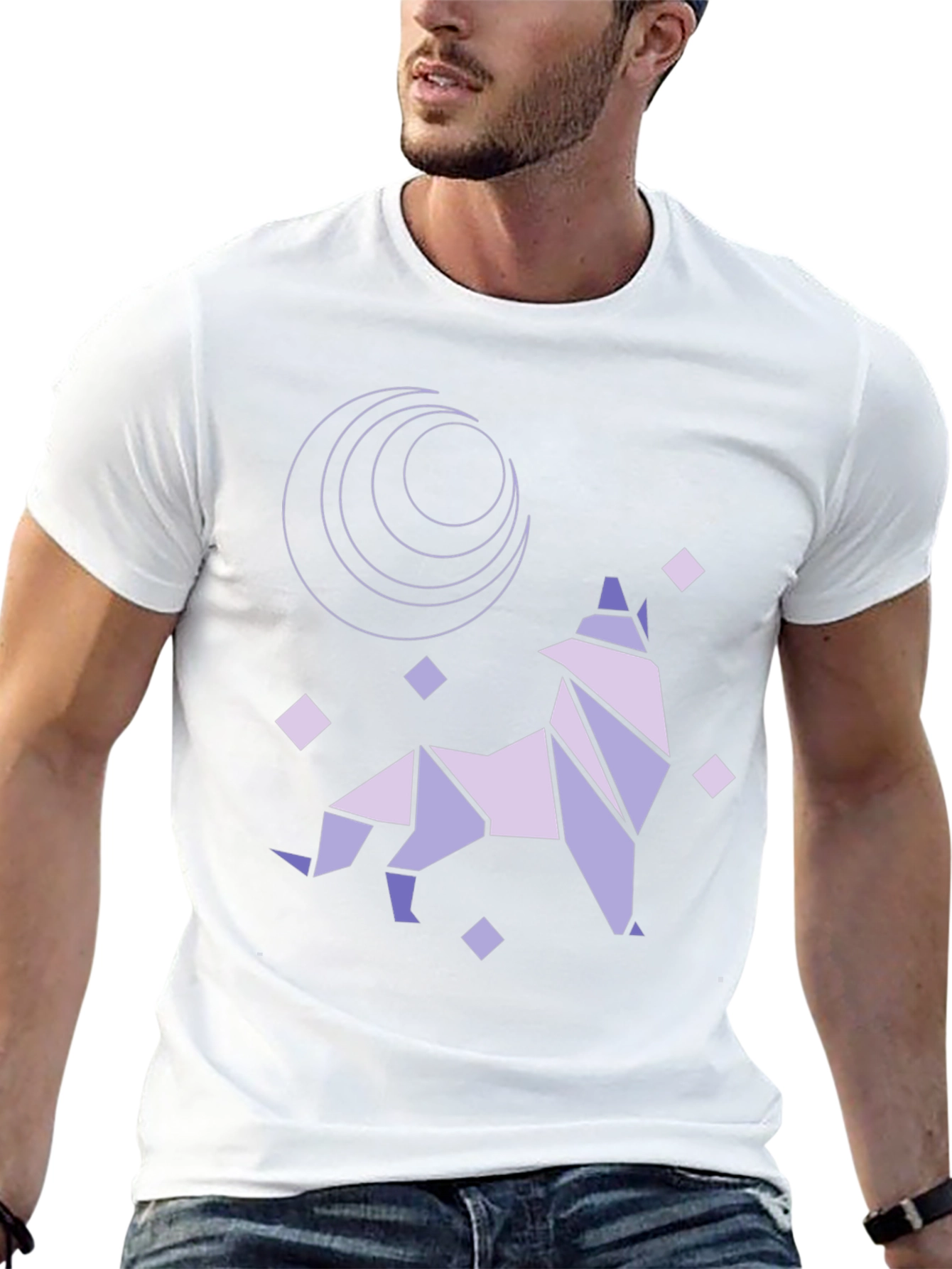 Geometric Wolf Moon Graphic Tee - Black Cotton Blend