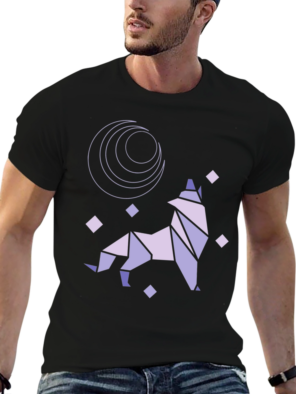 Geometric Wolf Moon Graphic Tee - Black Cotton Blend