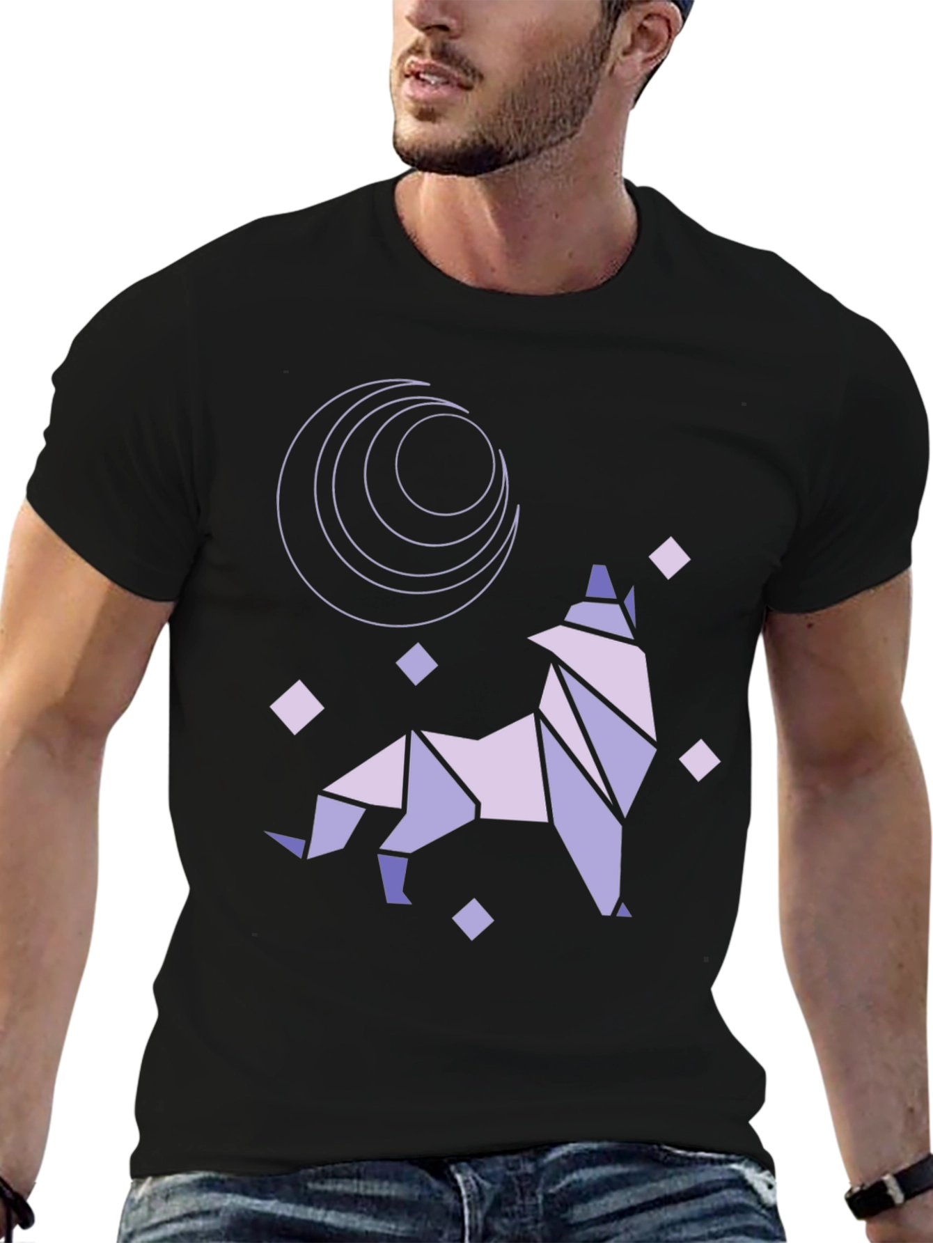 Geometric Wolf Moon Graphic Tee - Black Cotton Blend