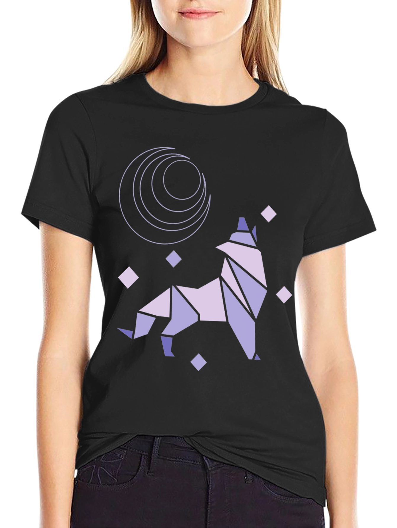 Geometric Wolf Moon Graphic Tee - Black Cotton Blend
