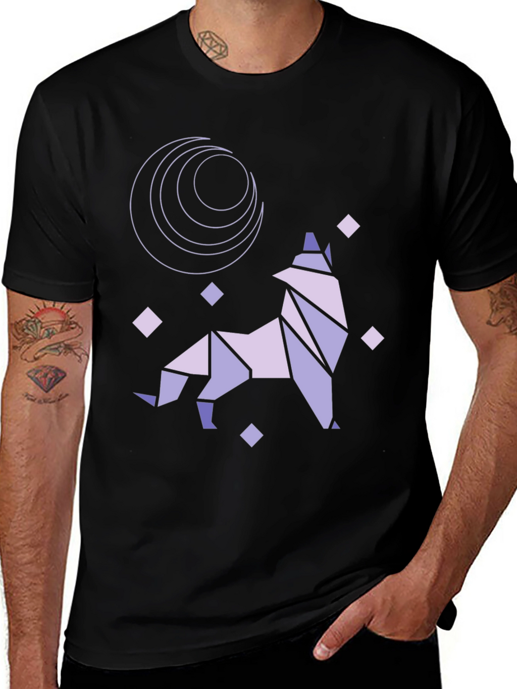 Geometric Wolf Moon Graphic Tee - Black Cotton Blend