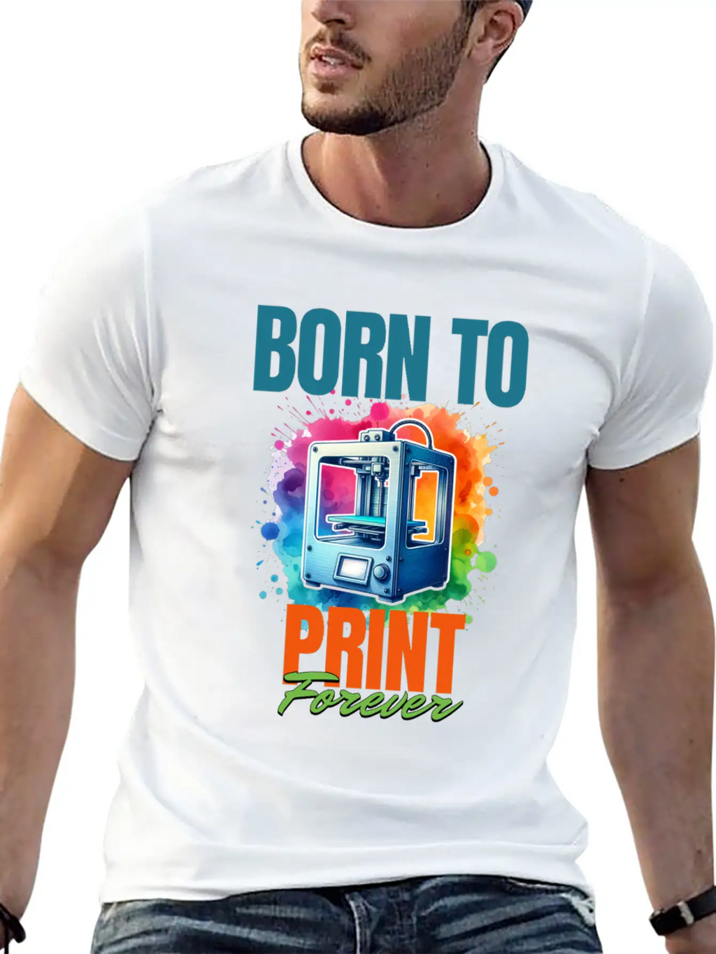 3d Printer, Born To Print Motif Breathable Soft Cotton T-Shirt – Timeless Casual Look