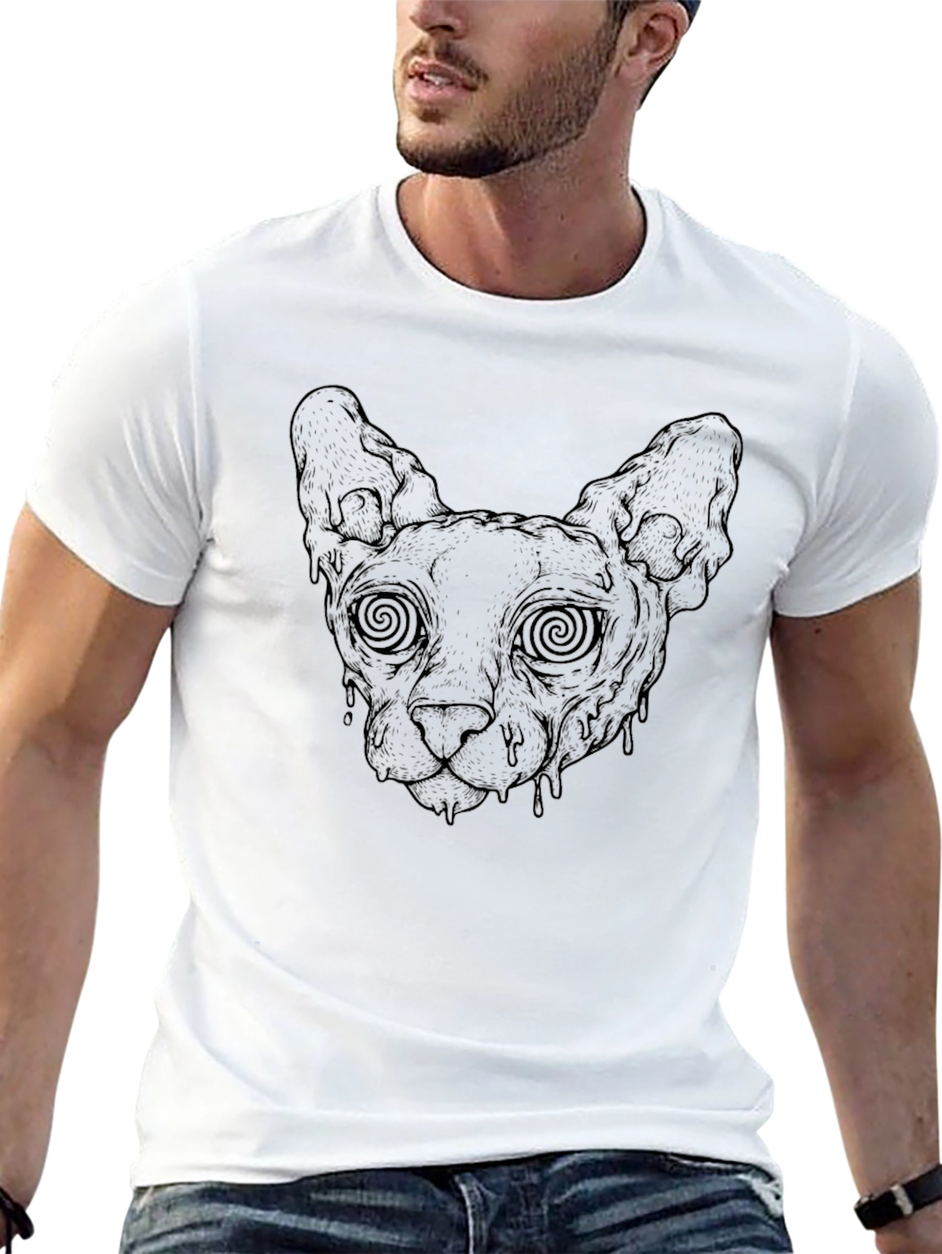 Hypnotic Cat Head Graphic Black T-Shirt