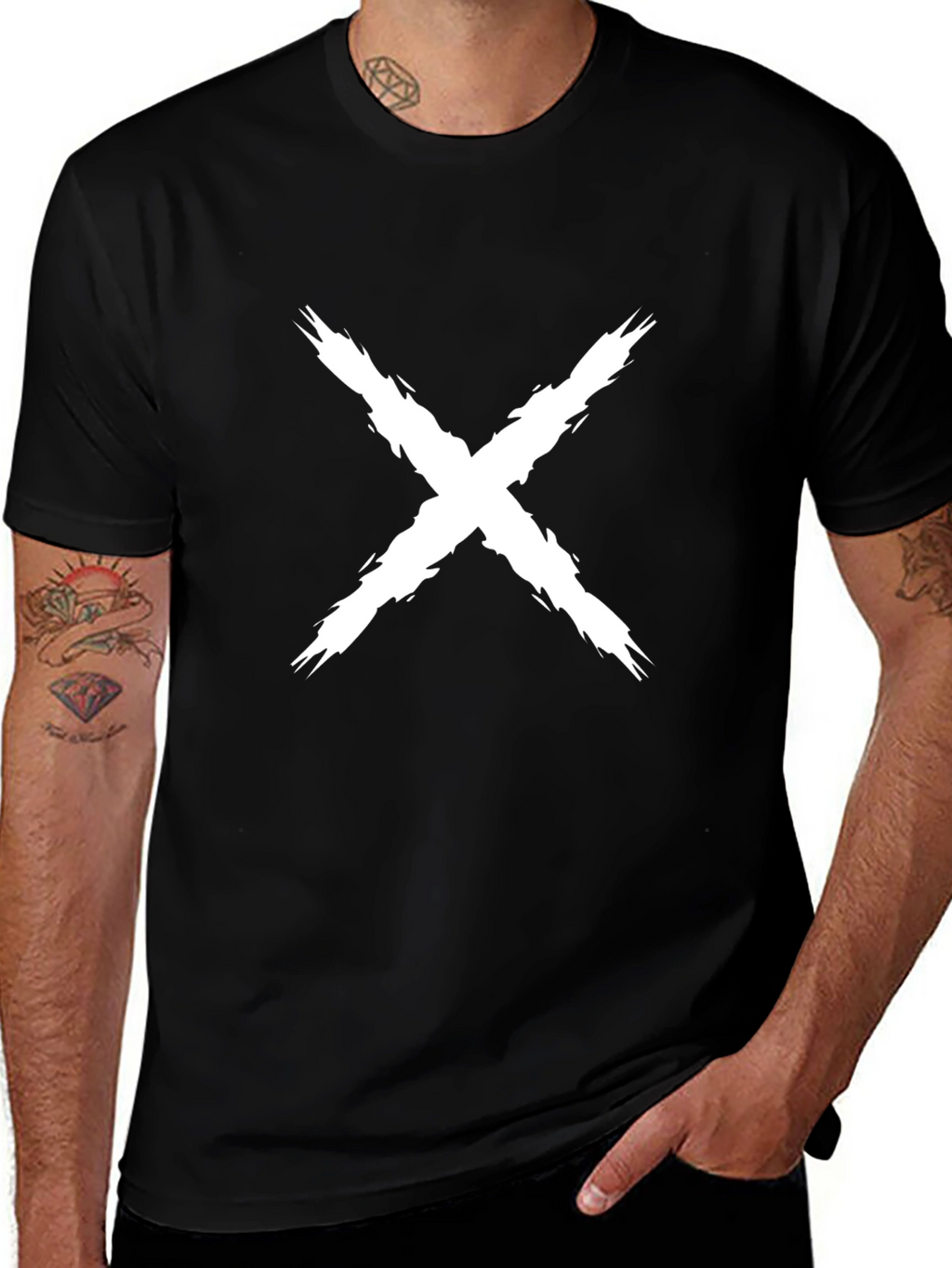 Mens Black T-Shirt with White X Design
