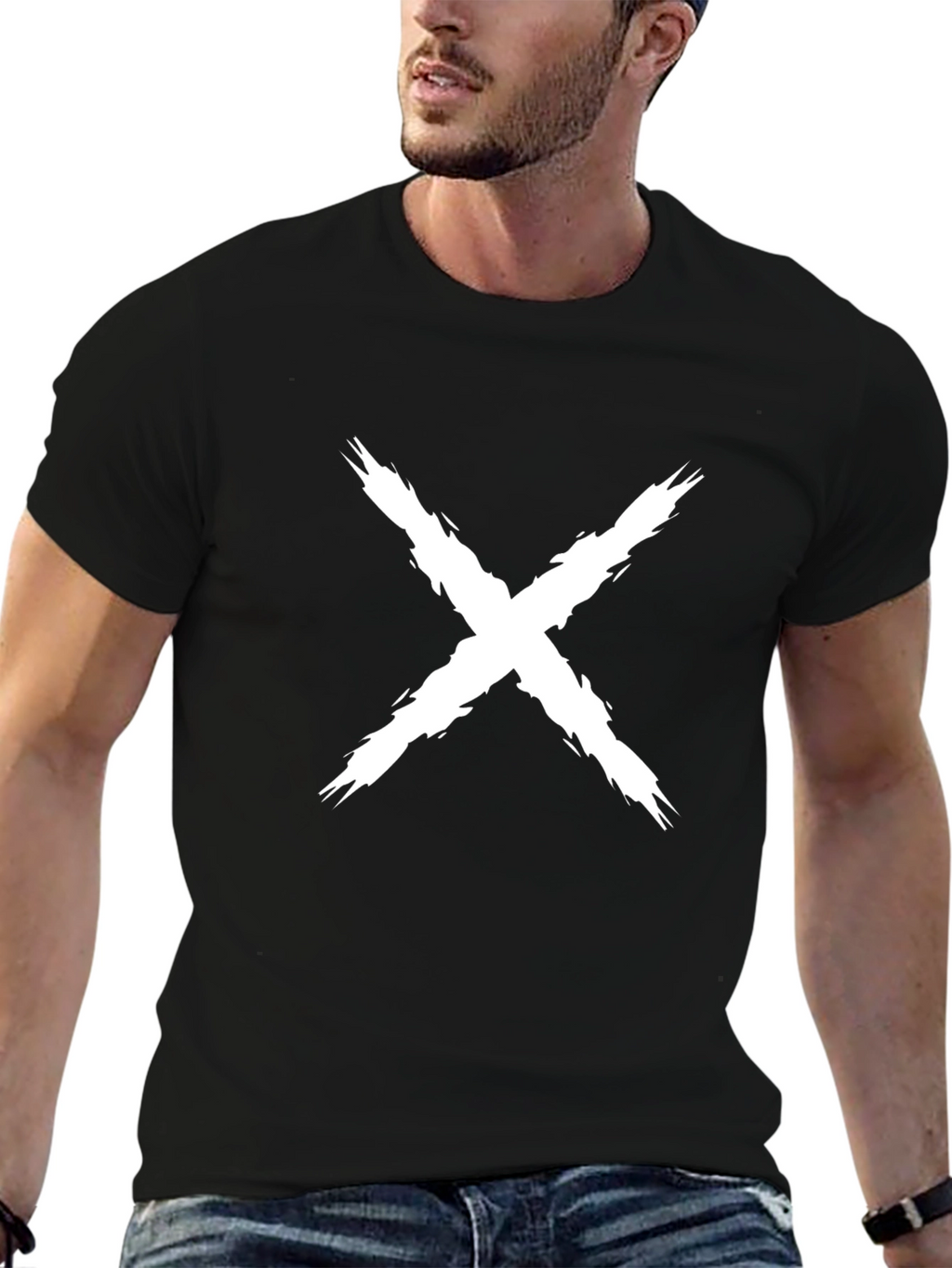 Mens Black T-Shirt with White X Design
