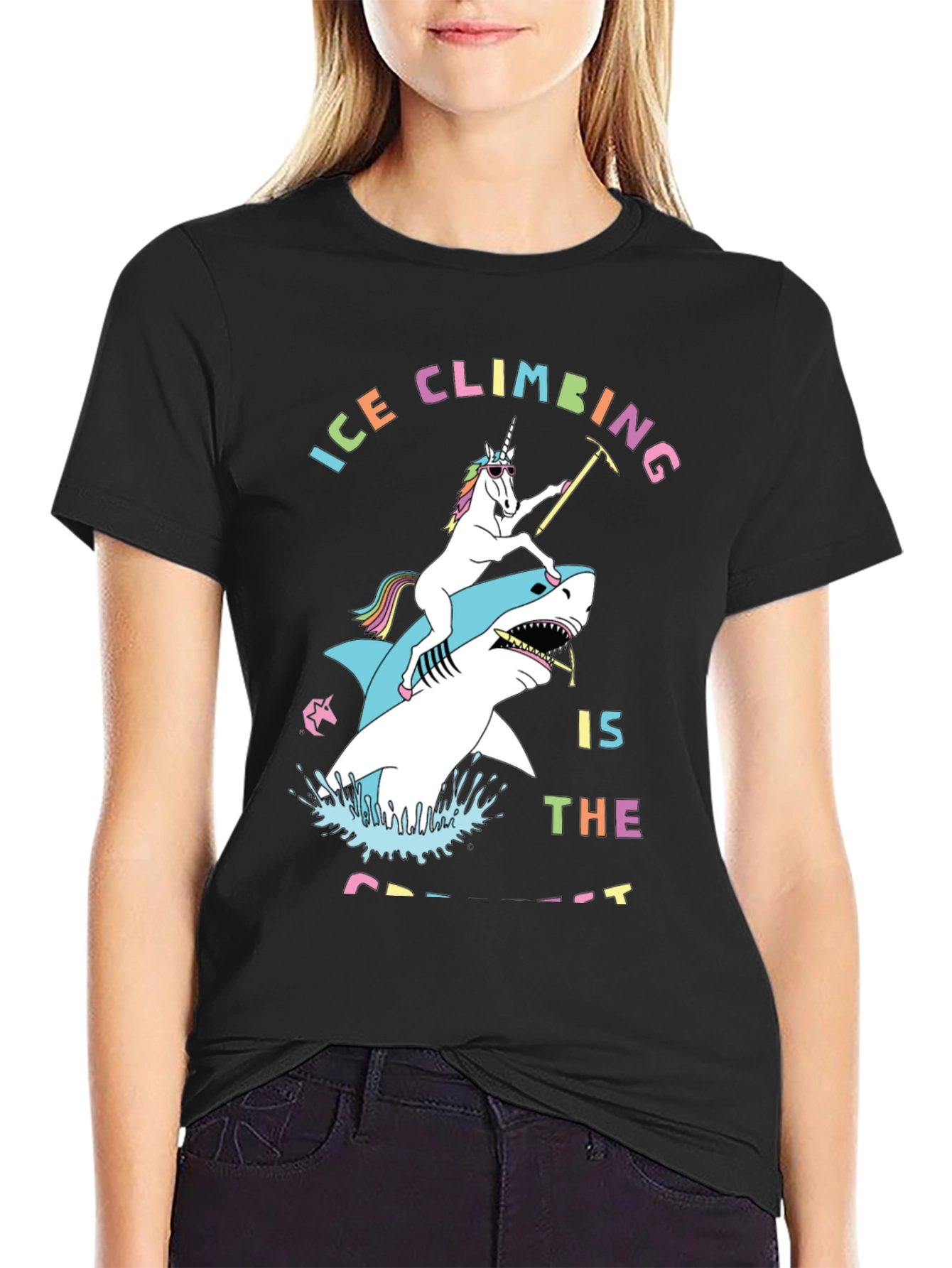 Ice Climbing Unicorn Shark Graphic T-Shirt