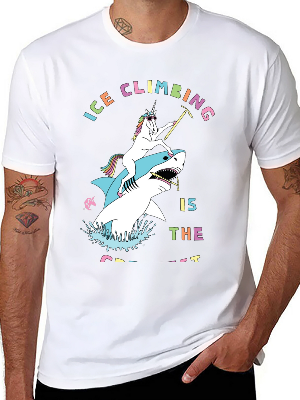Ice Climbing Unicorn Shark Graphic T-Shirt
