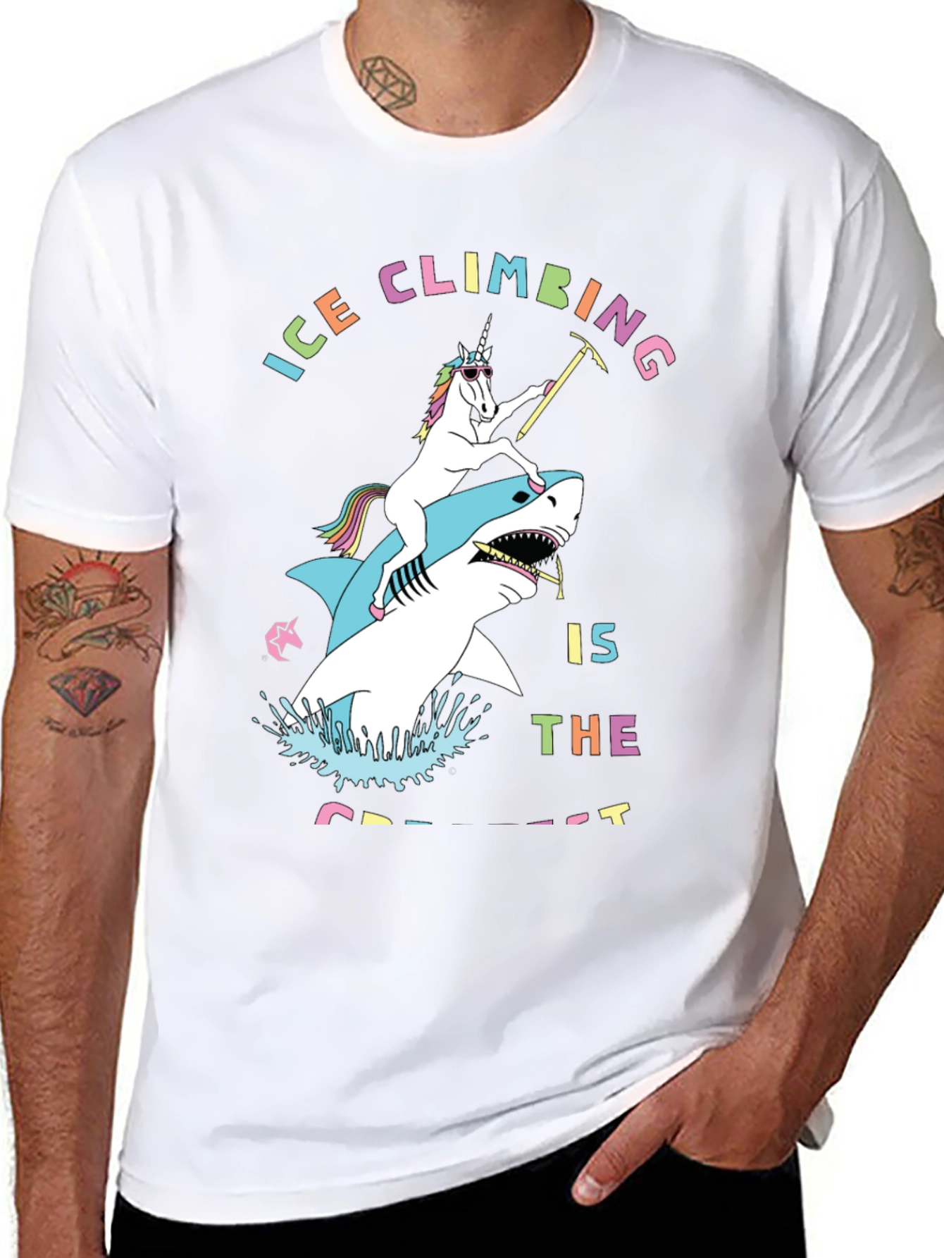 Ice Climbing Unicorn Shark Graphic T-Shirt