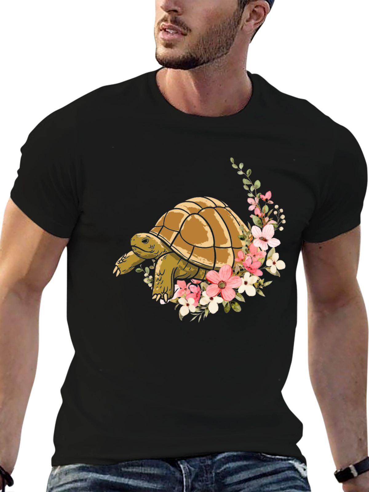 Turtle & Floral Graphic Tee - Stylish Mens Black T-Shirt