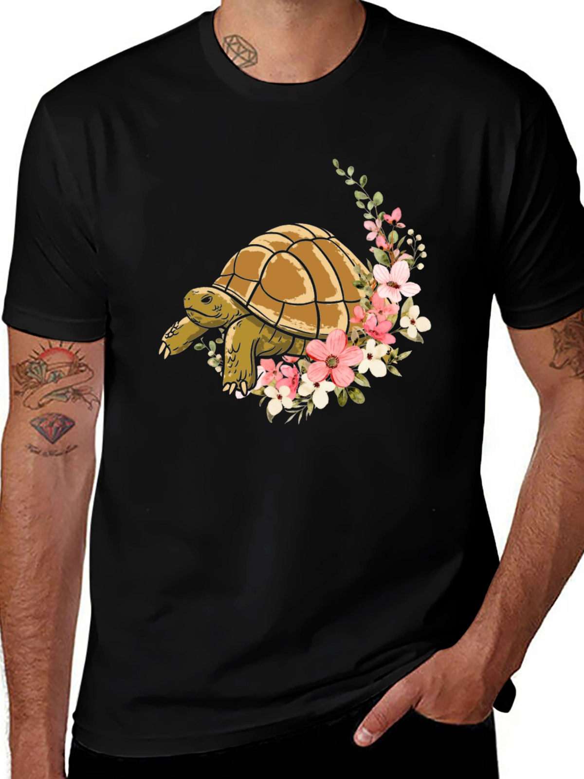 Turtle & Floral Graphic Tee - Stylish Mens Black T-Shirt