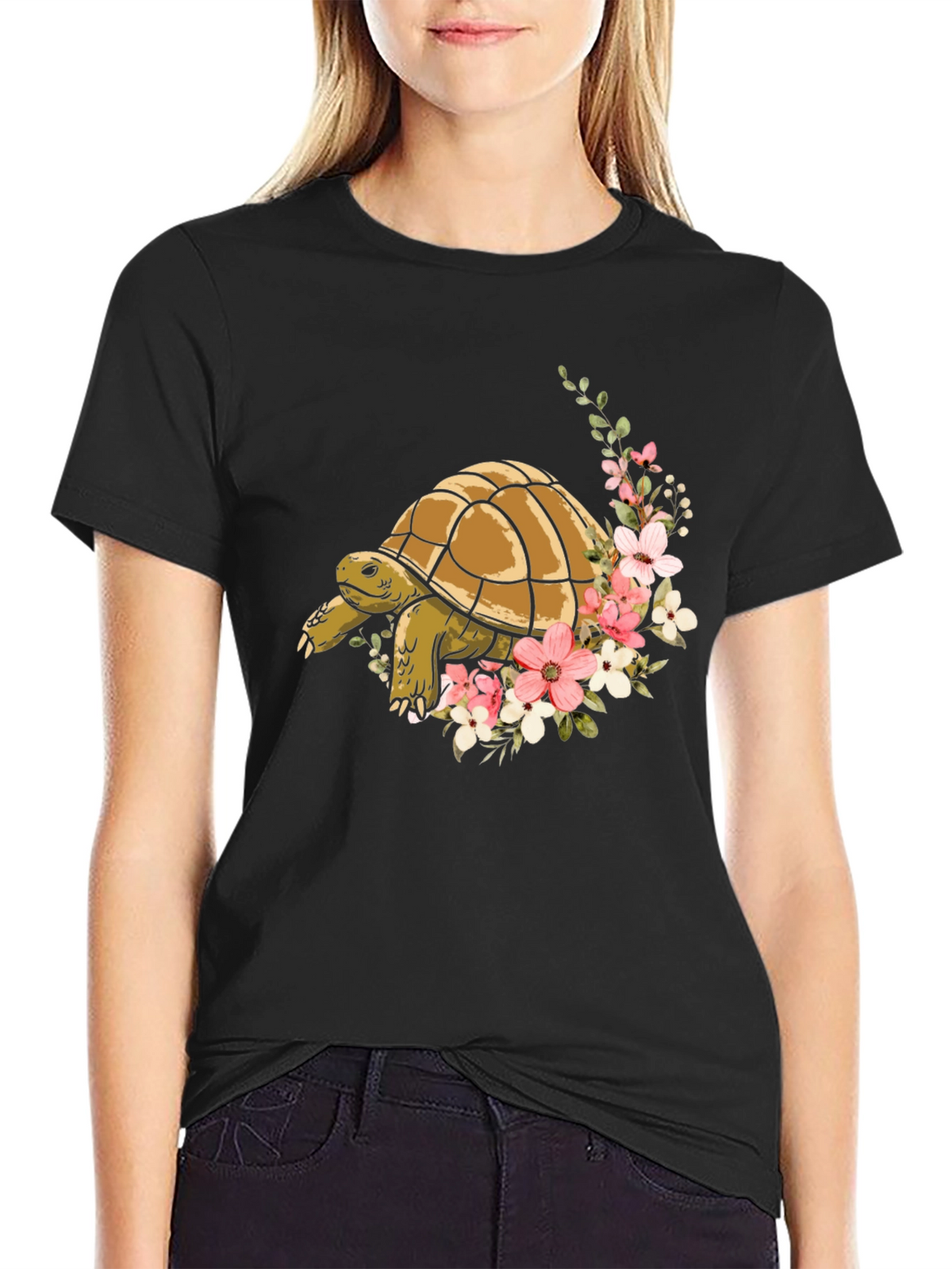 Turtle & Floral Graphic Tee - Stylish Mens Black T-Shirt