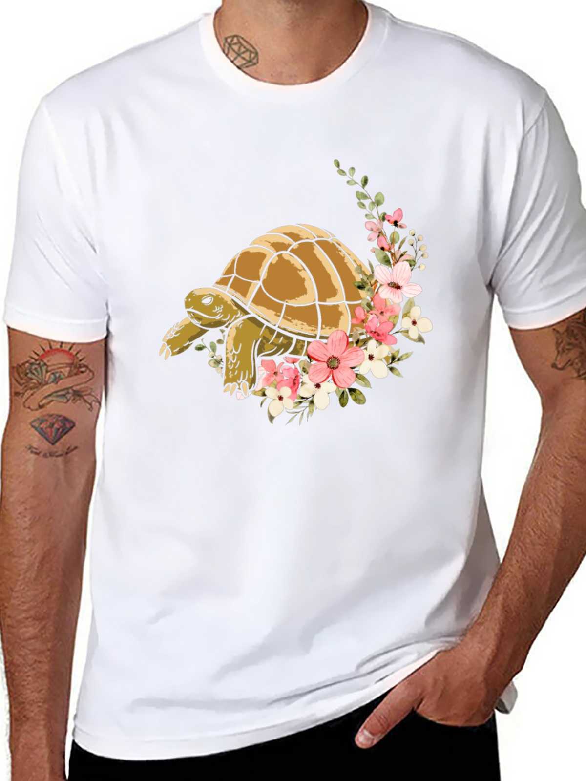 Turtle & Floral Graphic Tee - Stylish Mens Black T-Shirt