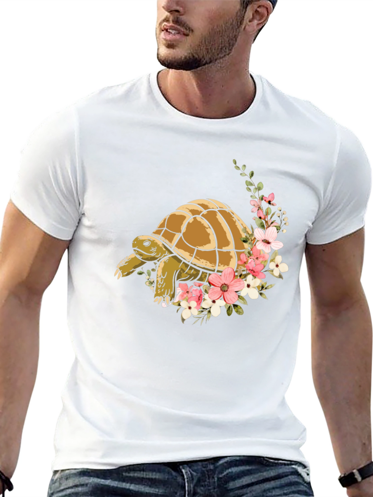 Turtle & Floral Graphic Tee - Stylish Mens Black T-Shirt