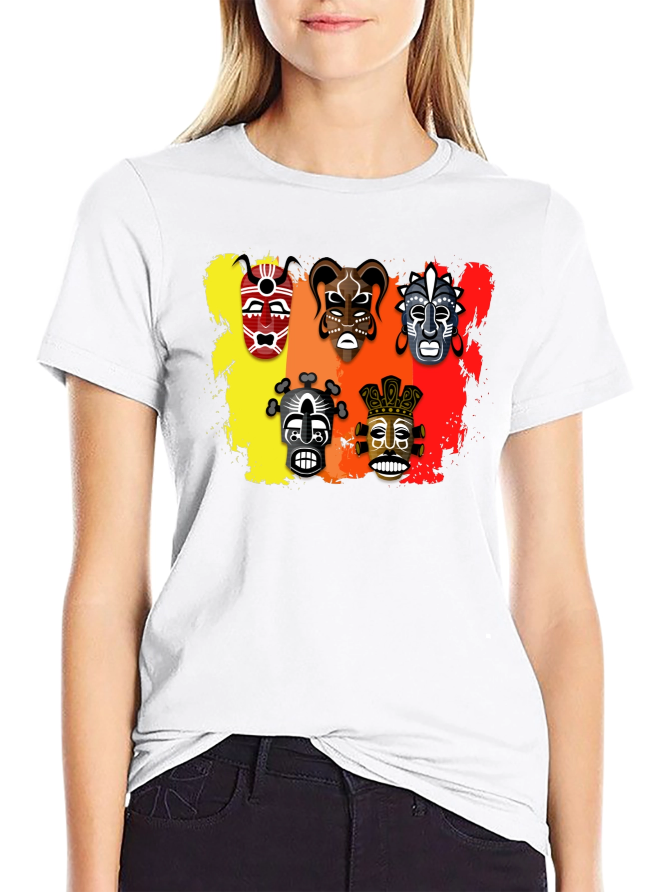 Tribal Mask Graphic Print Black T-Shirt