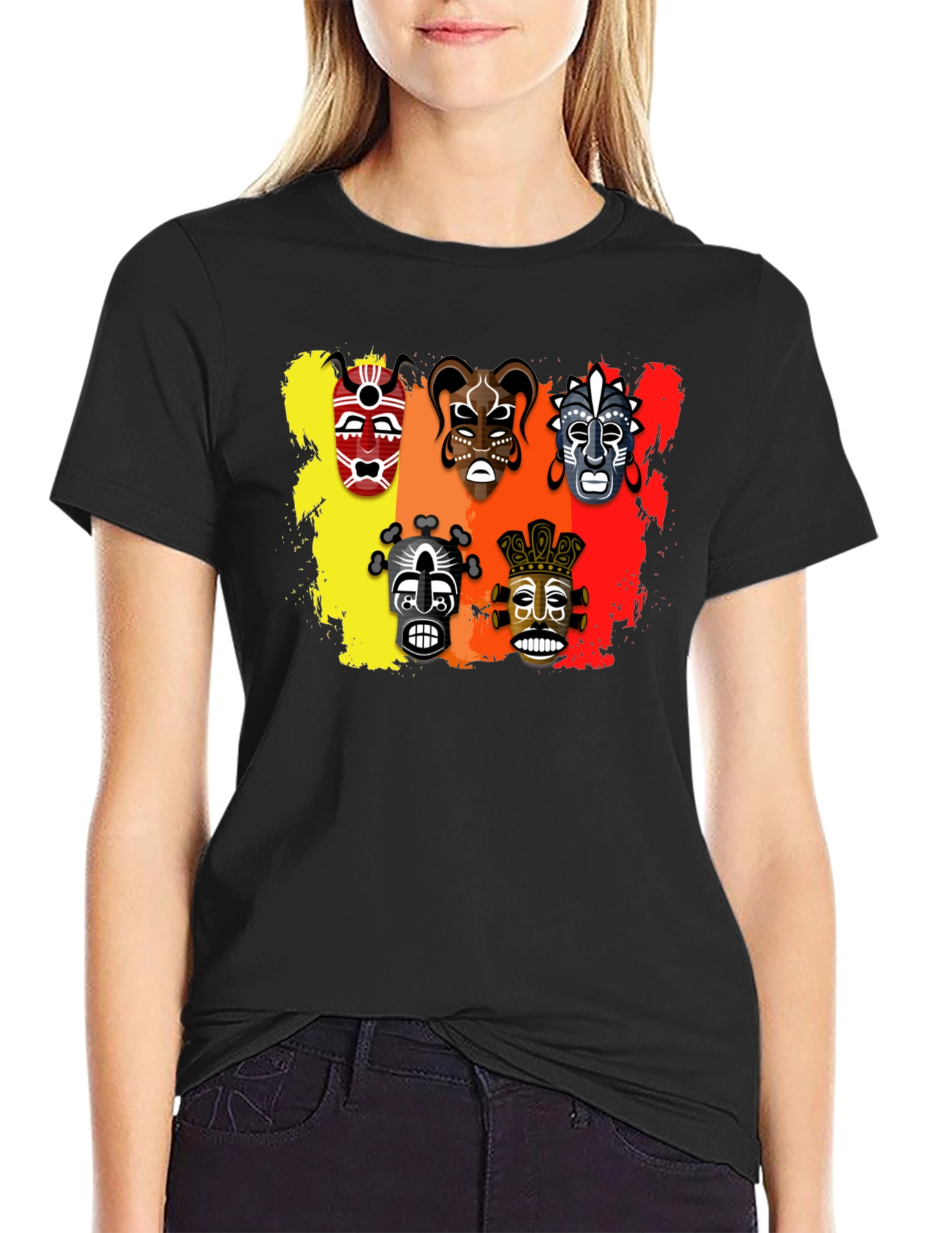 Tribal Mask Graphic Print Black T-Shirt