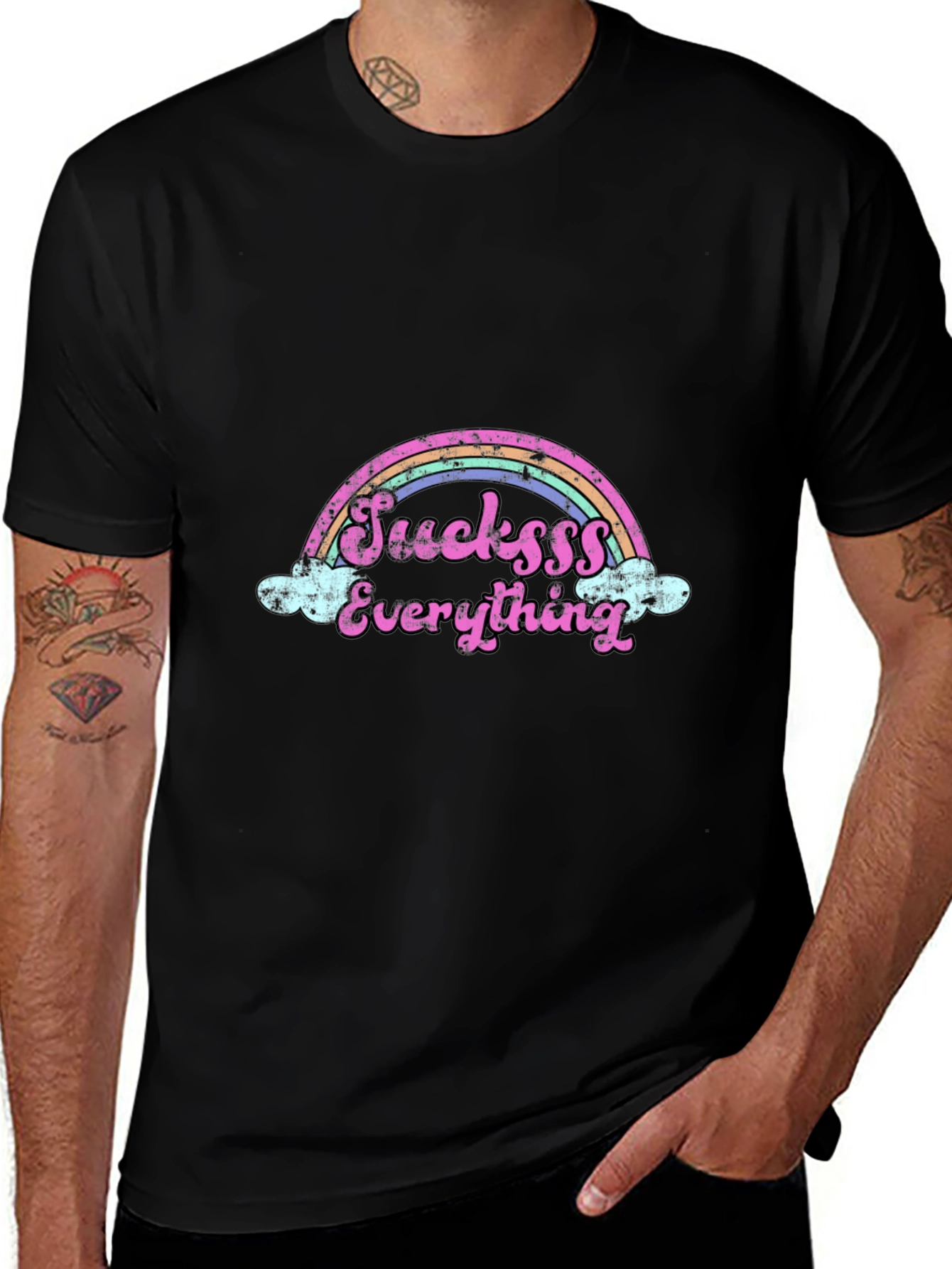 Sucksss Everything Rainbow Graphic Black T-Shirt