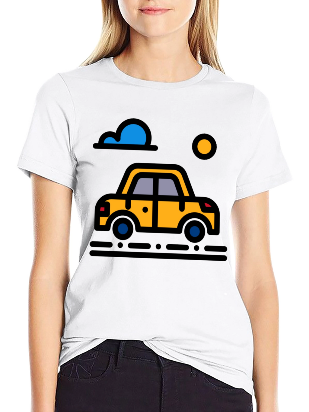 Cartoon Car Graphic Tee - Black Cotton T-Shirt
