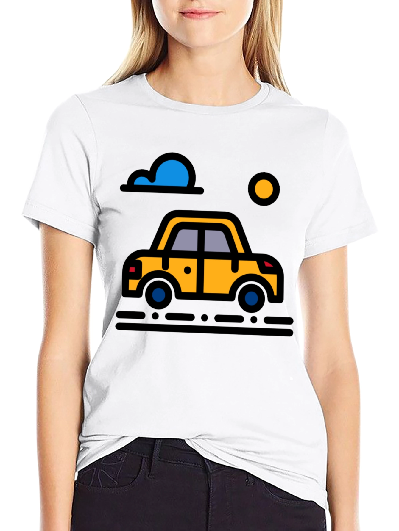 Cartoon Car Graphic Tee - Black Cotton T-Shirt