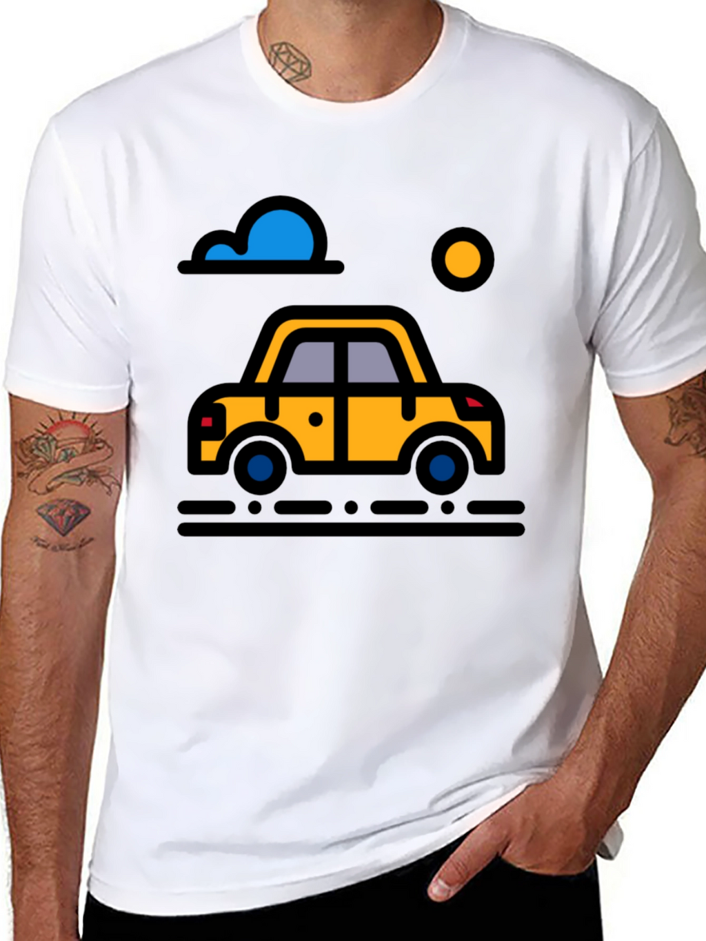 Cartoon Car Graphic Tee - Black Cotton T-Shirt