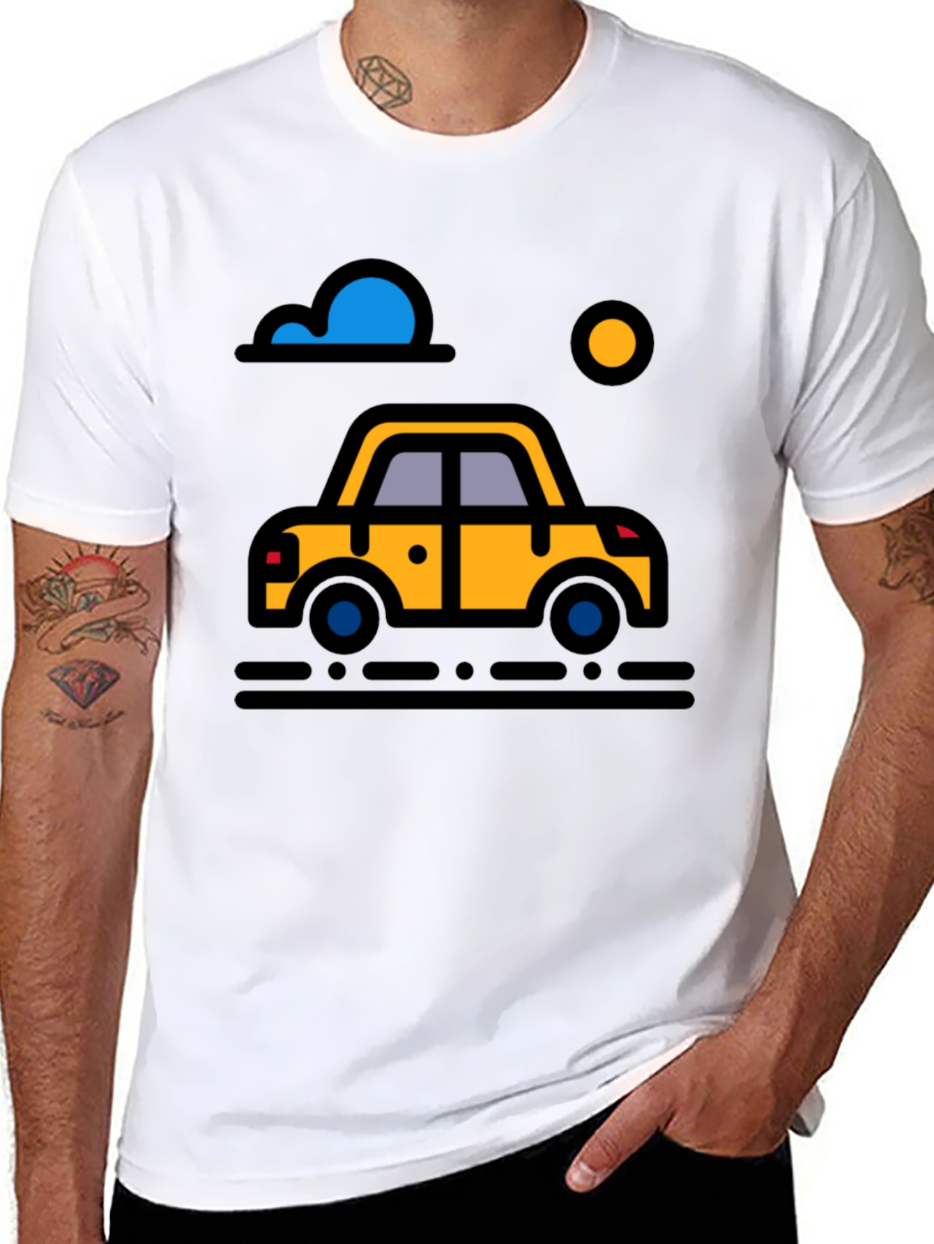Cartoon Car Graphic Tee - Black Cotton T-Shirt