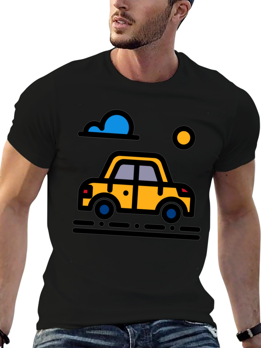 Cartoon Car Graphic Tee - Black Cotton T-Shirt