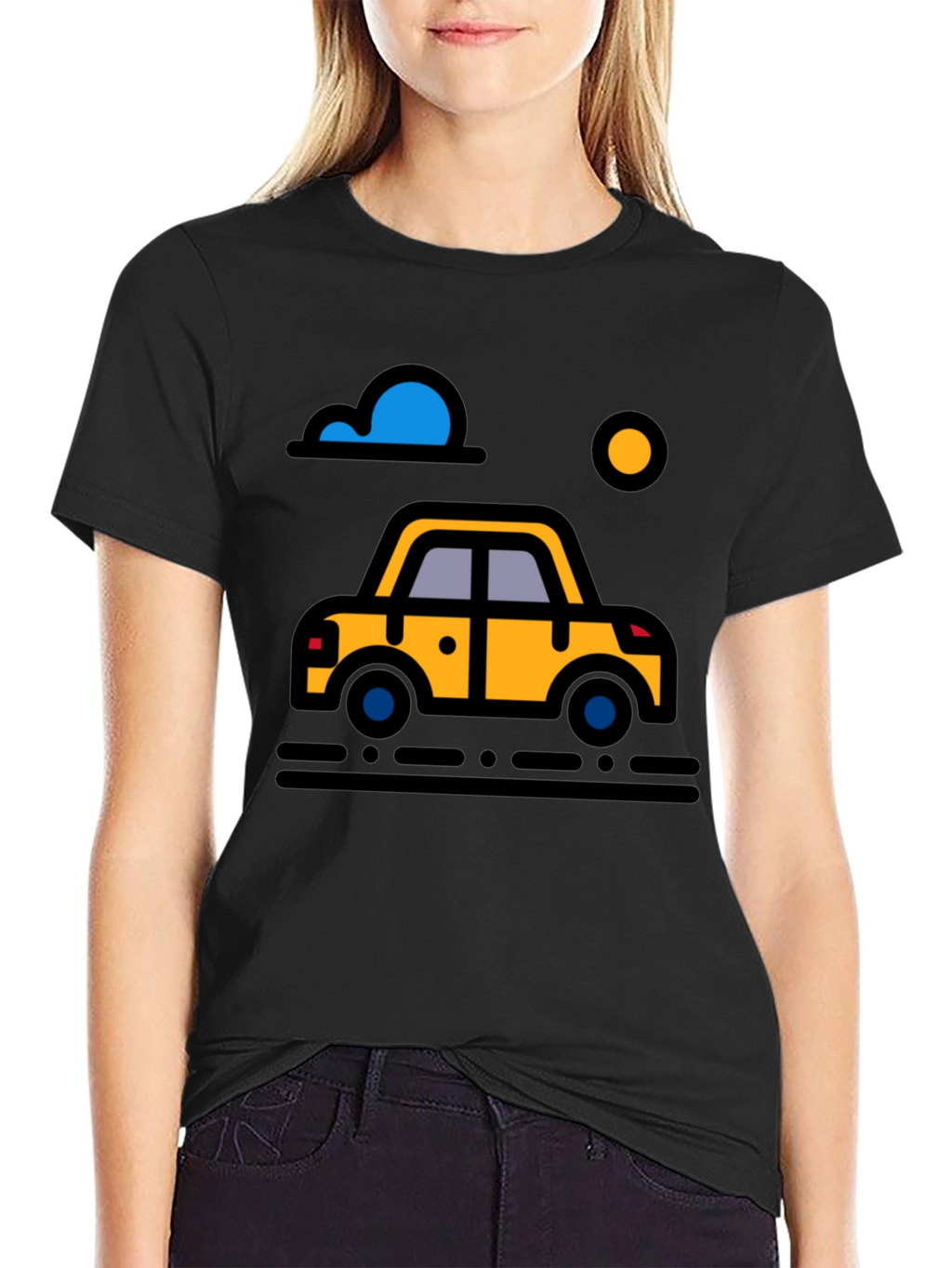 Cartoon Car Graphic Tee - Black Cotton T-Shirt