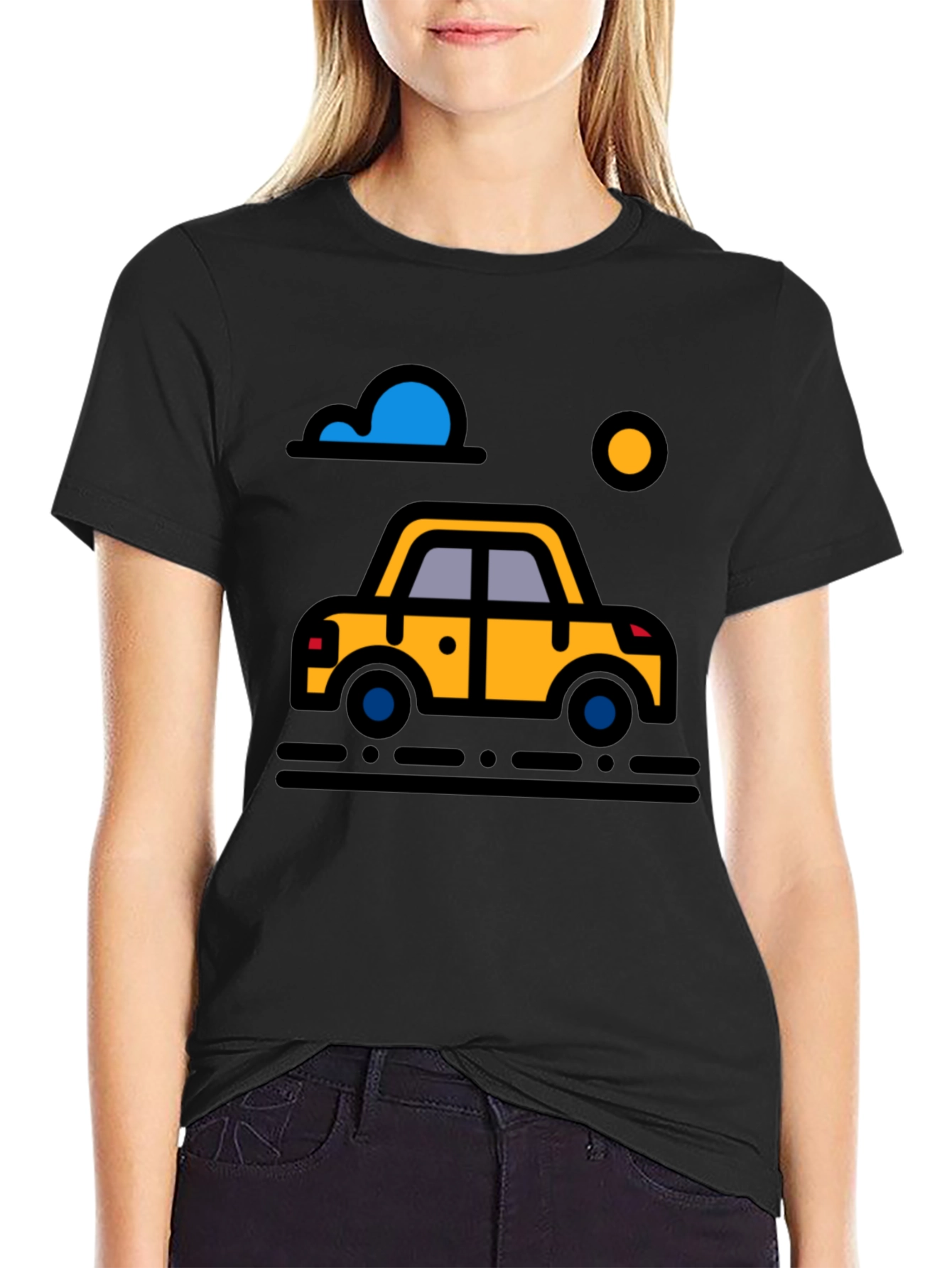 Cartoon Car Graphic Tee - Black Cotton T-Shirt