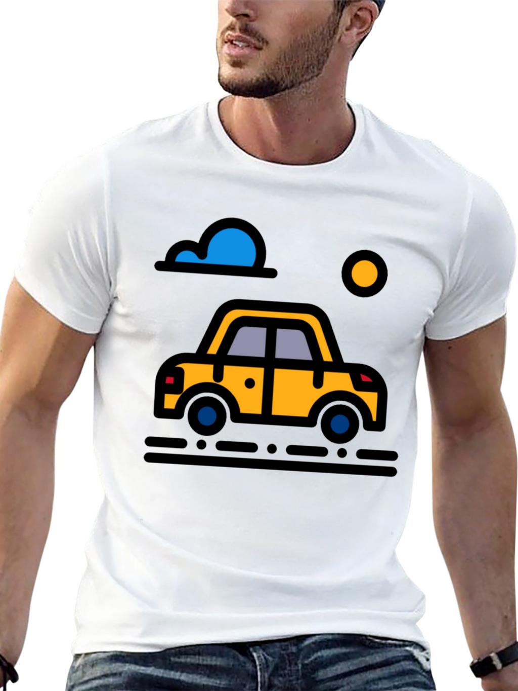 Cartoon Car Graphic Tee - Black Cotton T-Shirt
