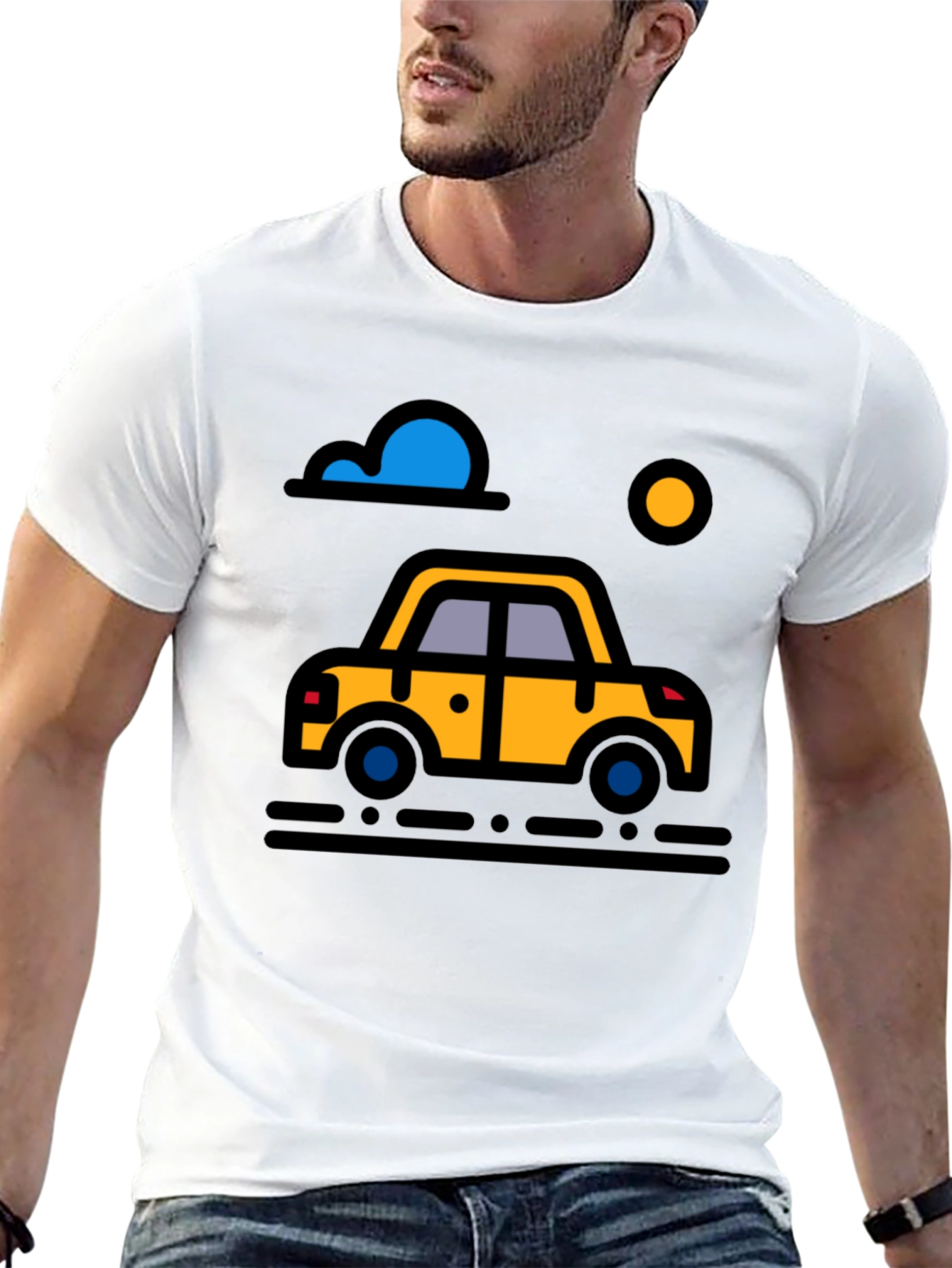 Cartoon Car Graphic Tee - Black Cotton T-Shirt