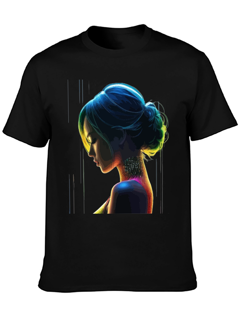 Neon Art Woman Graphic Print Black T-Shirt