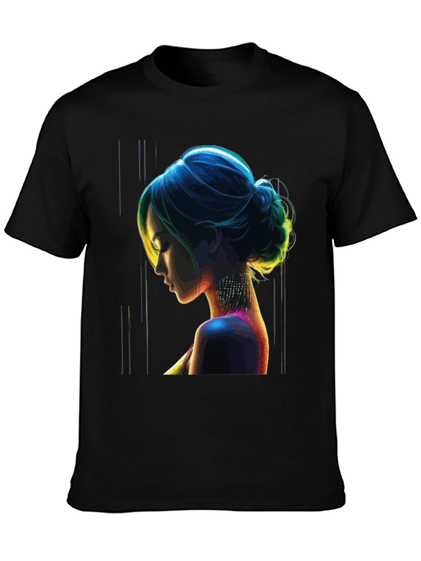Neon Art Woman Graphic Print Black T-Shirt