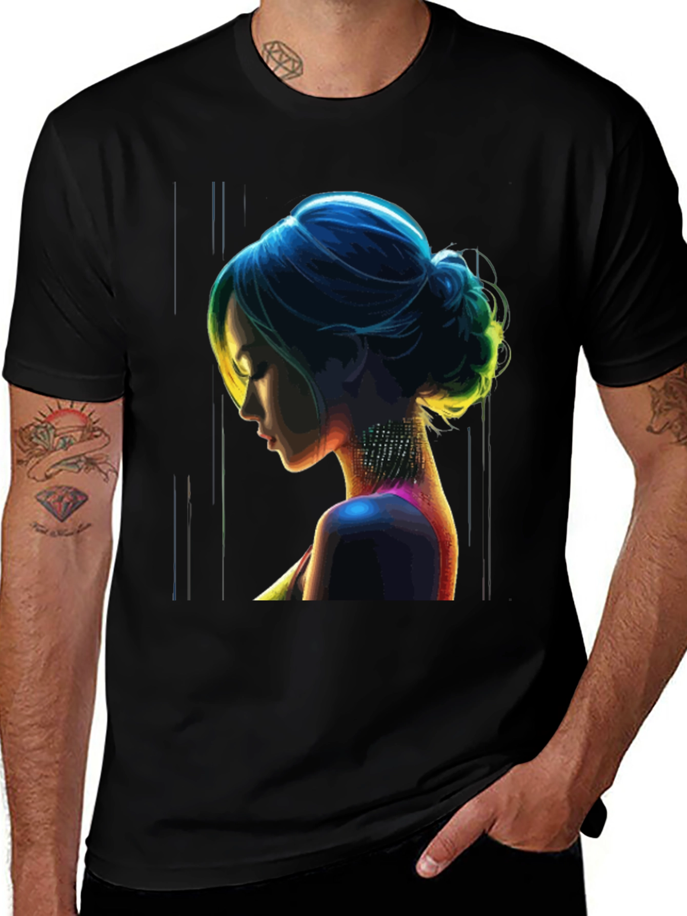Neon Art Woman Graphic Print Black T-Shirt