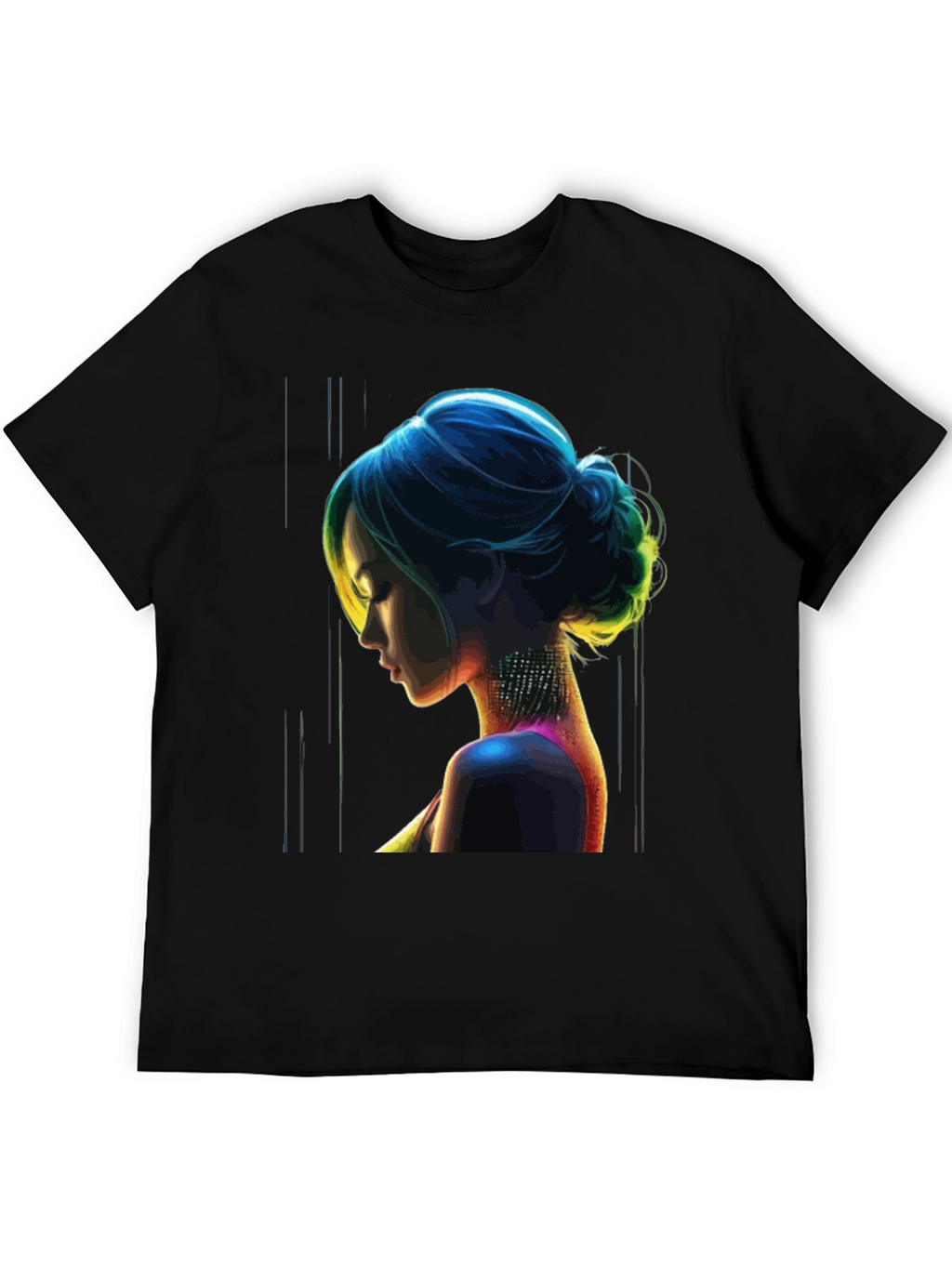 Neon Art Woman Graphic Print Black T-Shirt