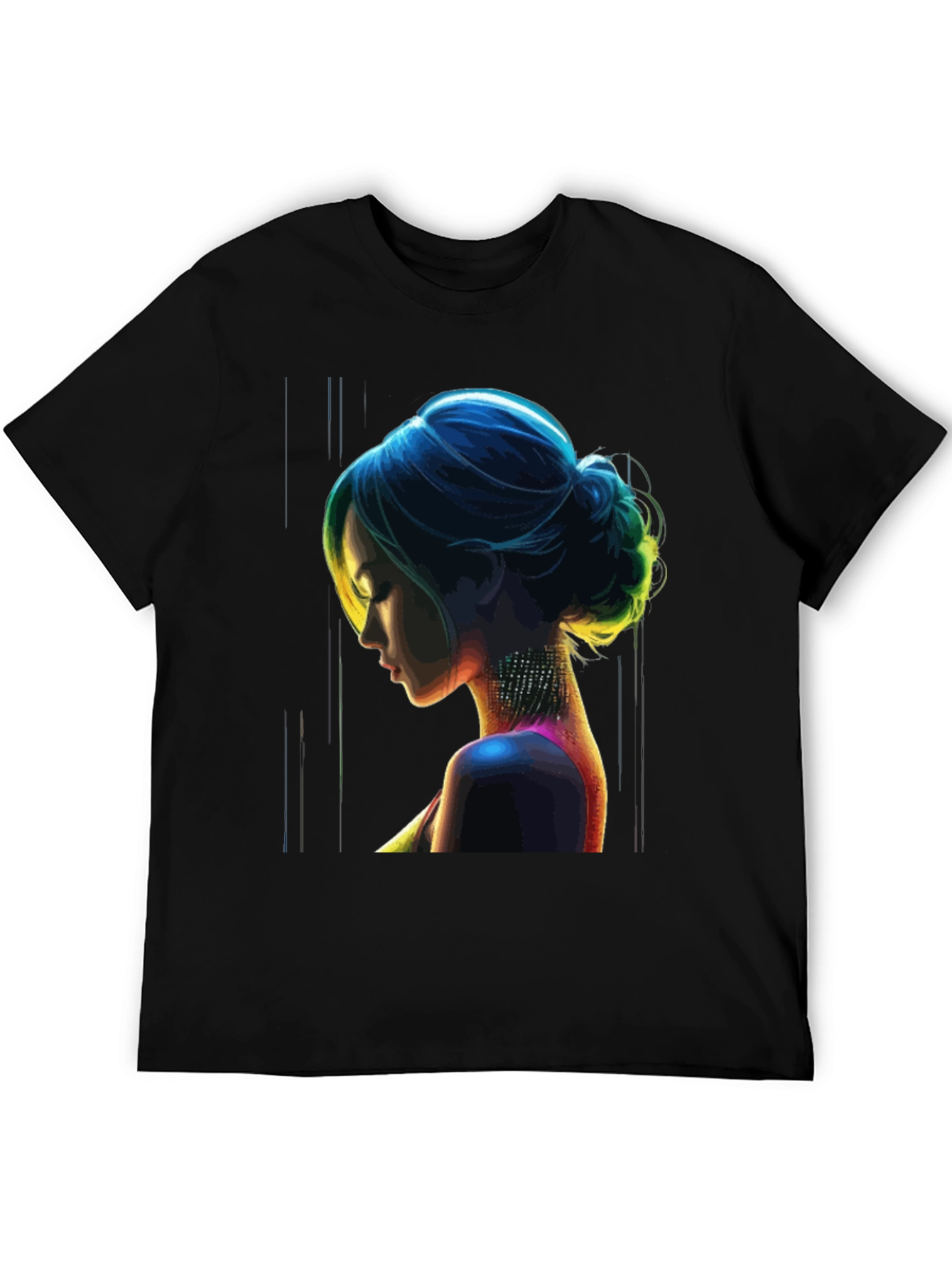 Neon Art Woman Graphic Print Black T-Shirt