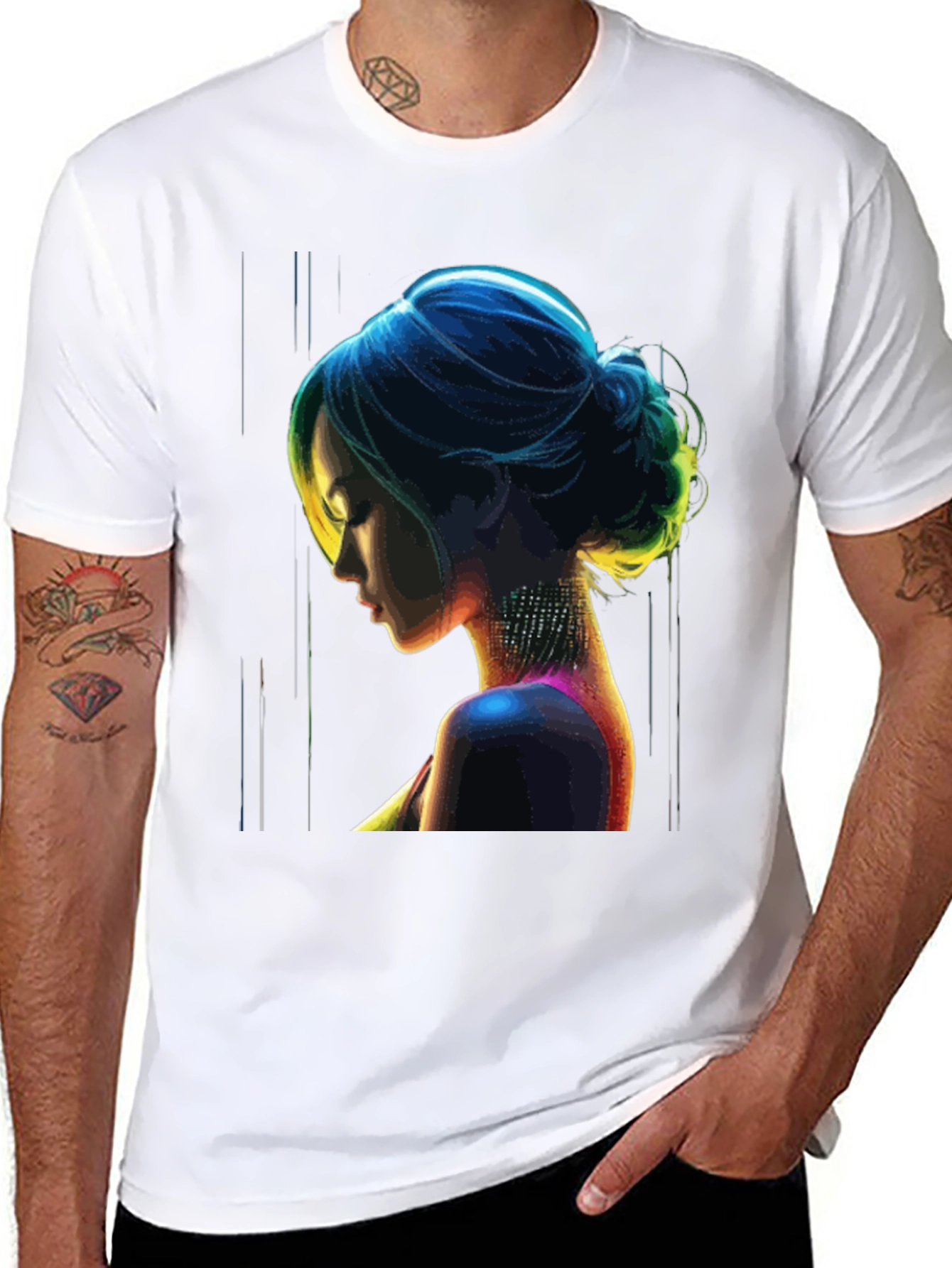 Neon Art Woman Graphic Print Black T-Shirt