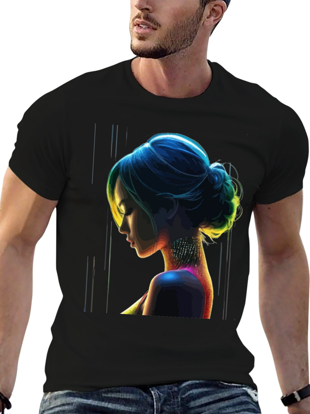 Neon Art Woman Graphic Print Black T-Shirt